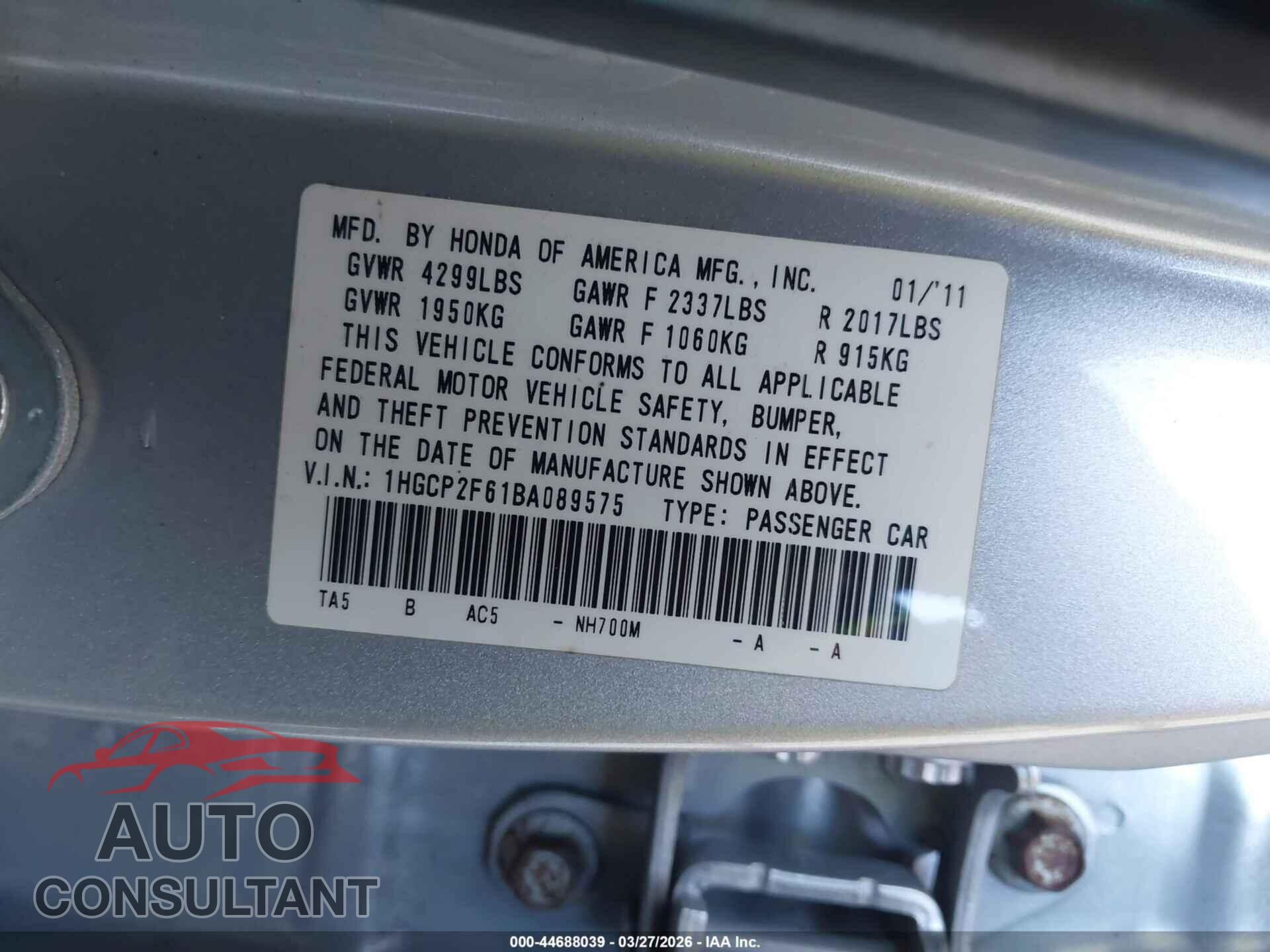 HONDA ACCORD 2011 - 1HGCP2F61BA089575