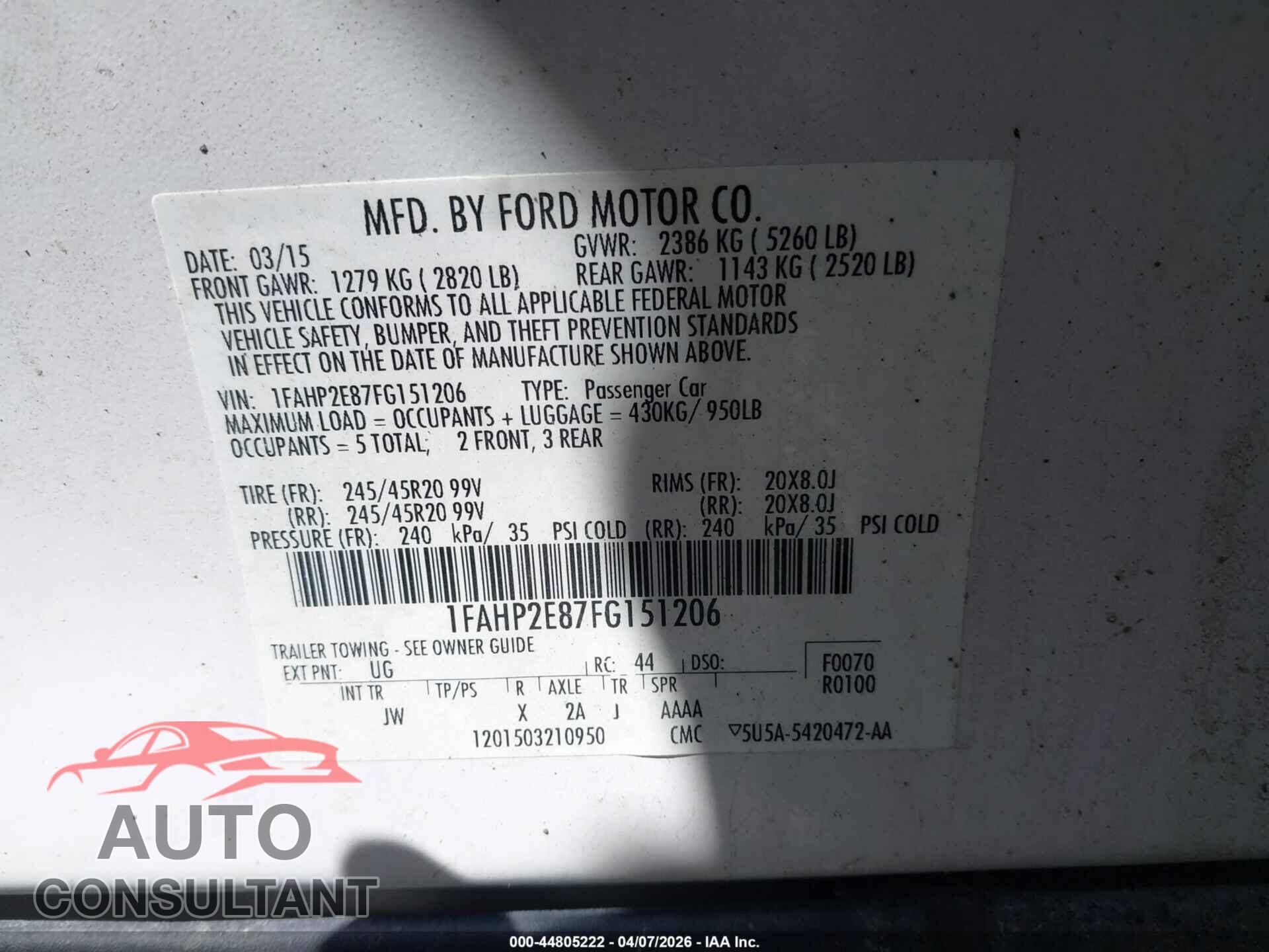 FORD TAURUS 2015 - 1FAHP2E87FG151206
