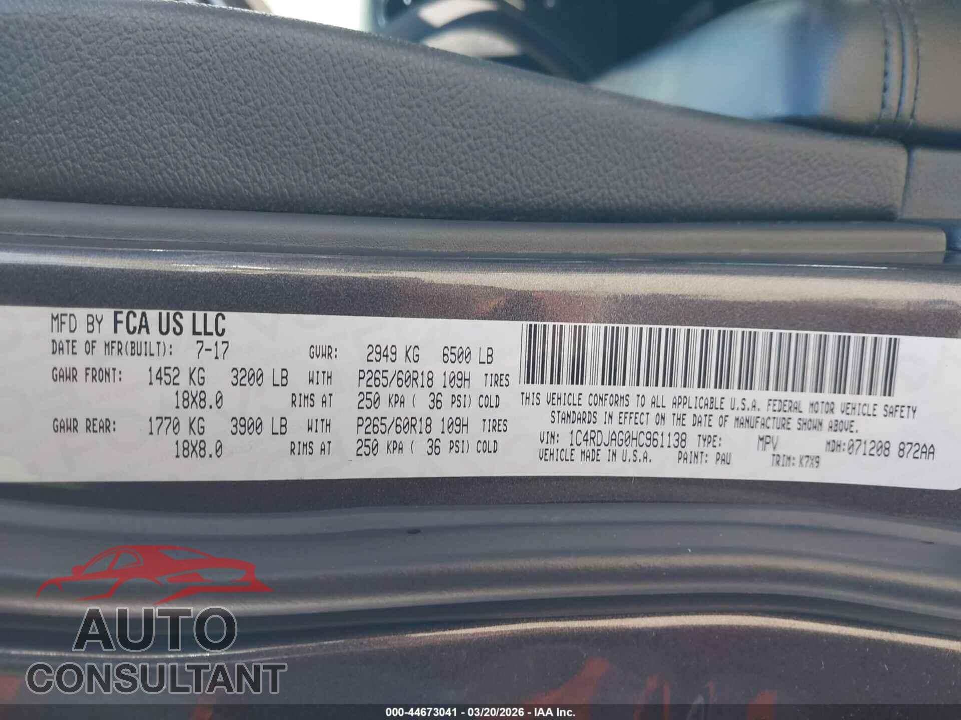 DODGE DURANGO 2017 - 1C4RDJAG0HC961138
