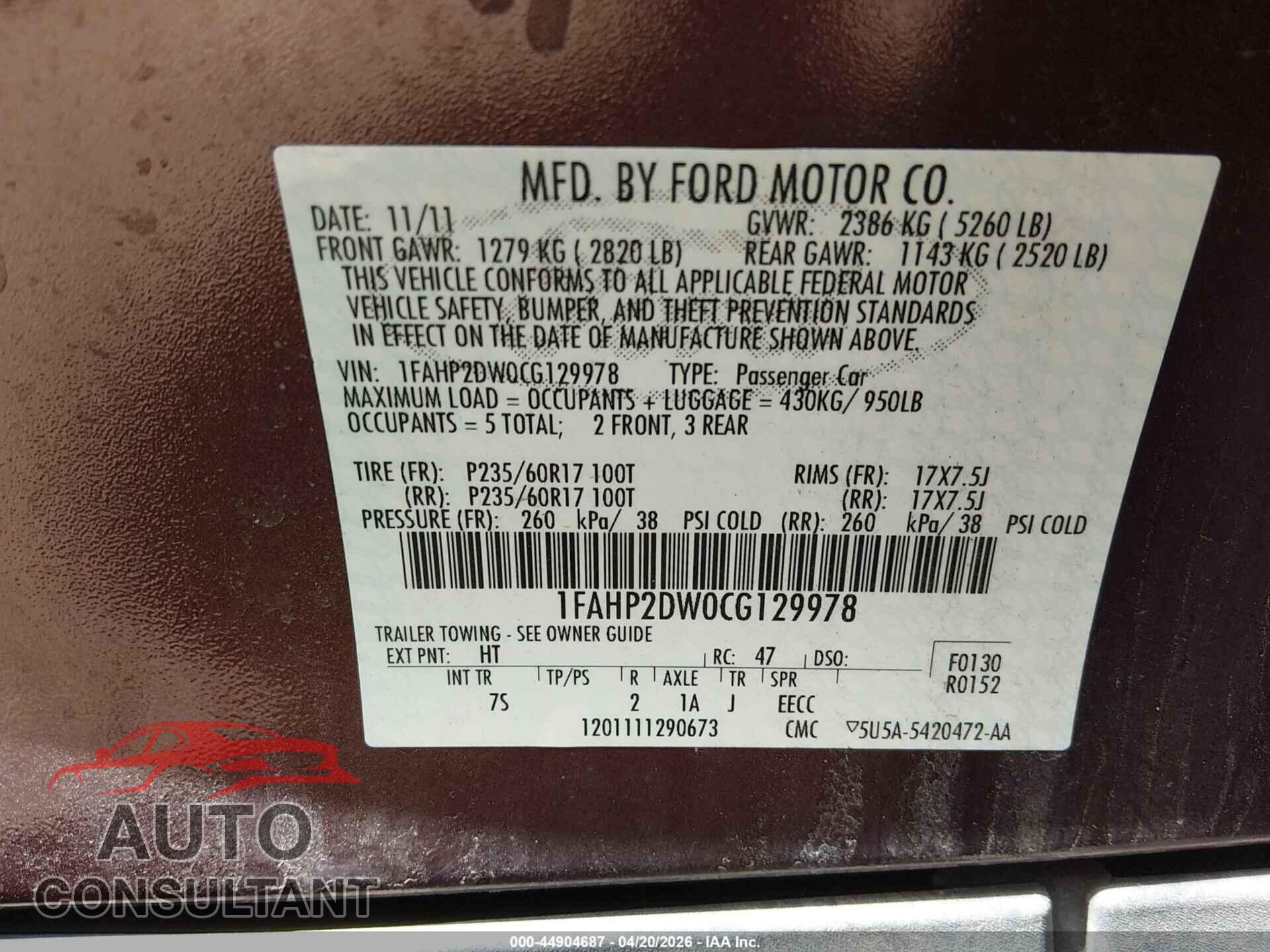 FORD TAURUS 2012 - 1FAHP2DW0CG129978