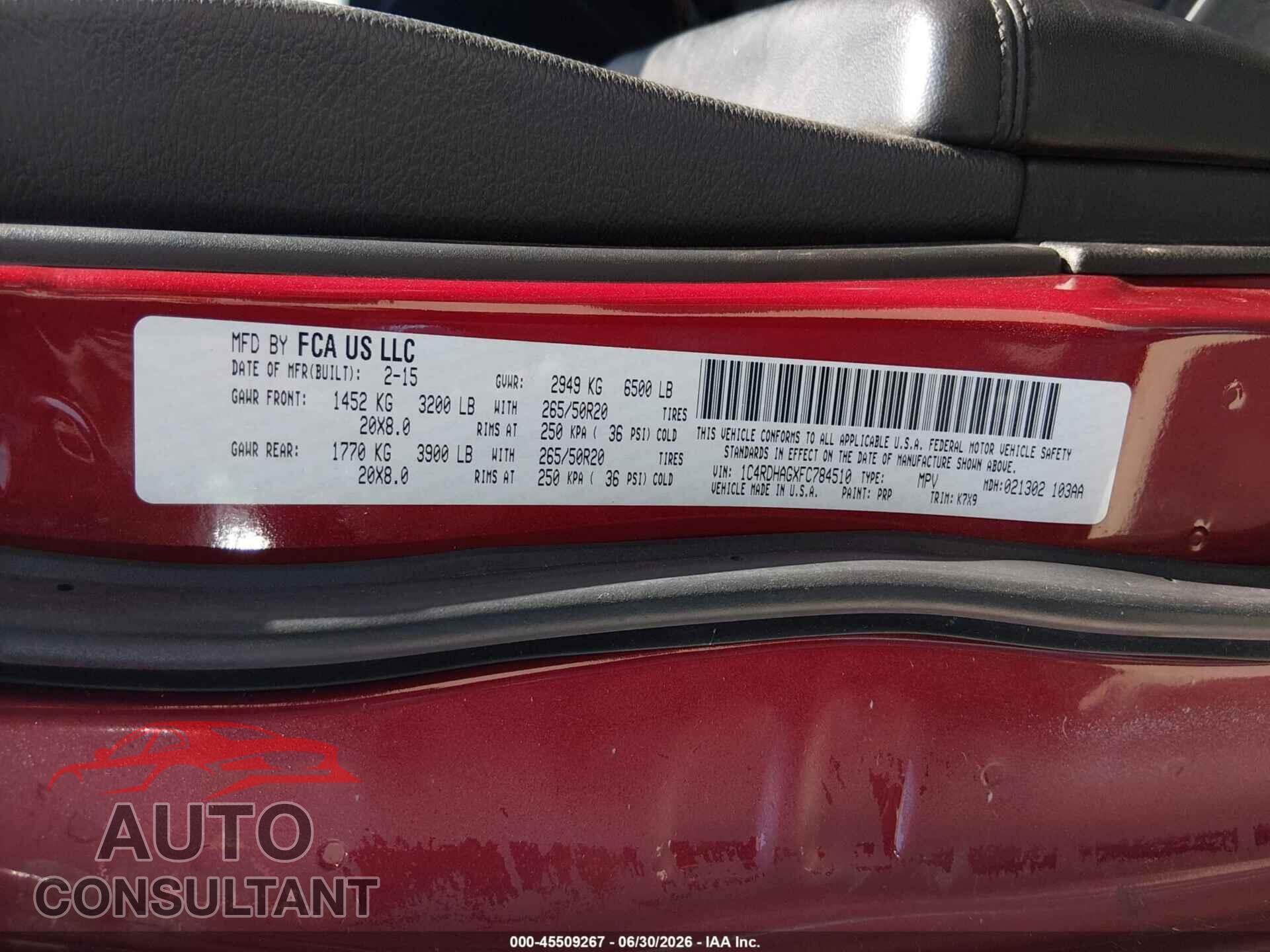 DODGE DURANGO 2015 - 1C4RDHAGXFC784510