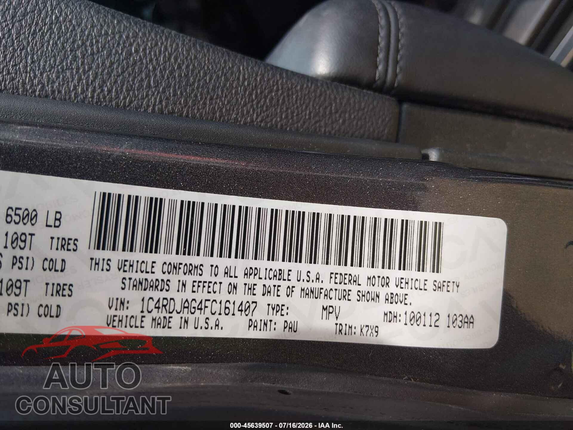 DODGE DURANGO 2015 - 1C4RDJAG4FC161407