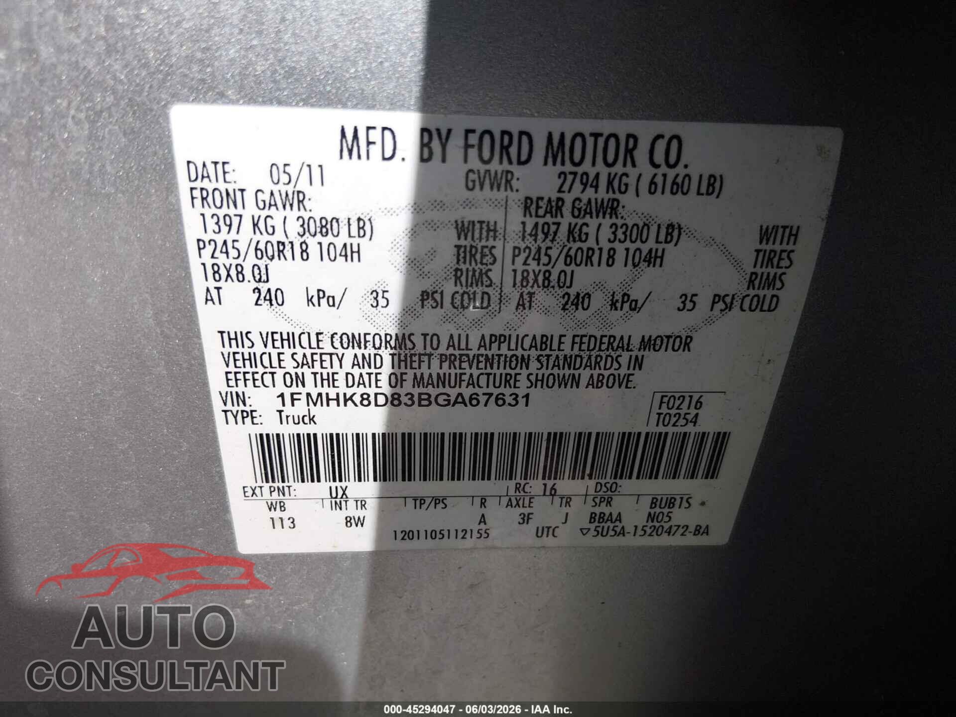 FORD EXPLORER 2011 - 1FMHK8D83BGA67631