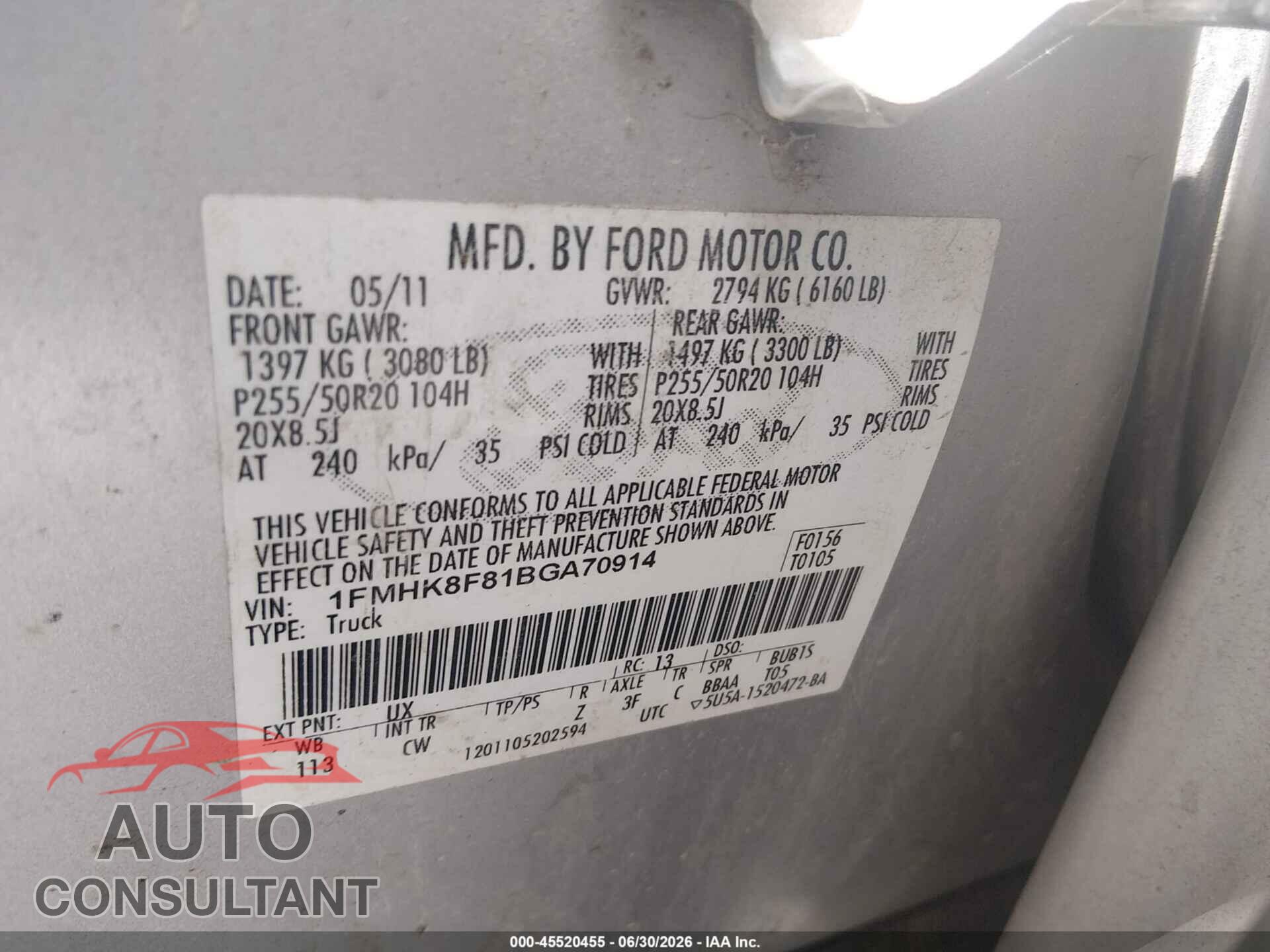 FORD EXPLORER 2011 - 1FMHK8F81BGA70914