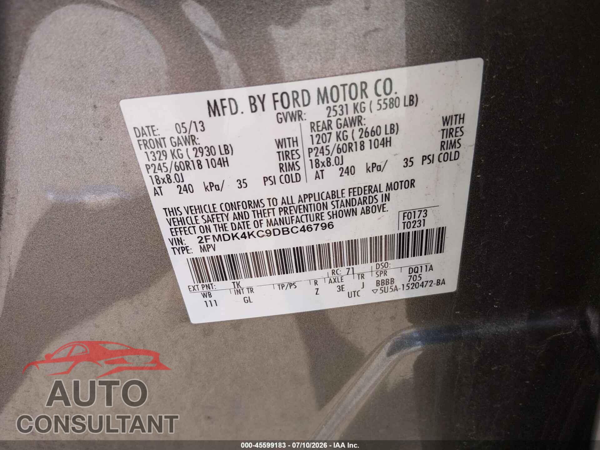 FORD EDGE 2013 - 2FMDK4KC9DBC46796