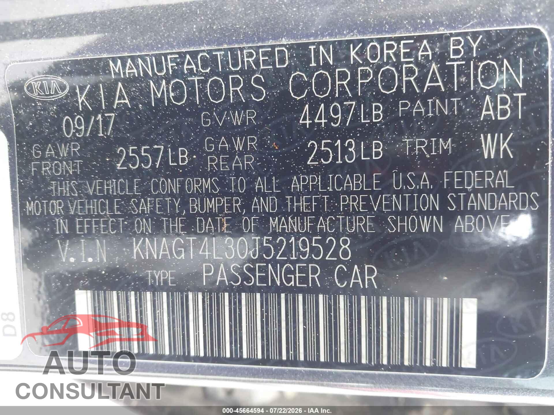 KIA OPTIMA 2018 - KNAGT4L30J5219528