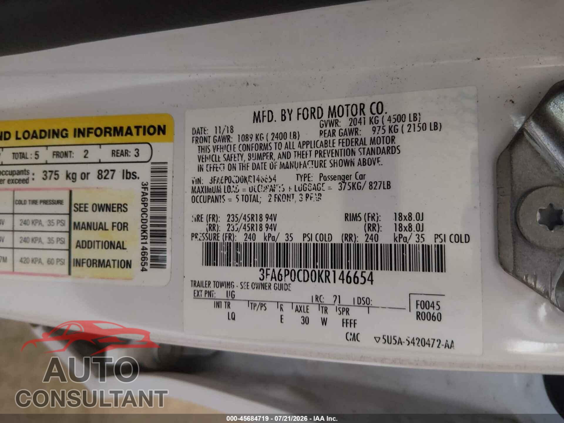 FORD FUSION 2019 - 3FA6P0CD0KR146654
