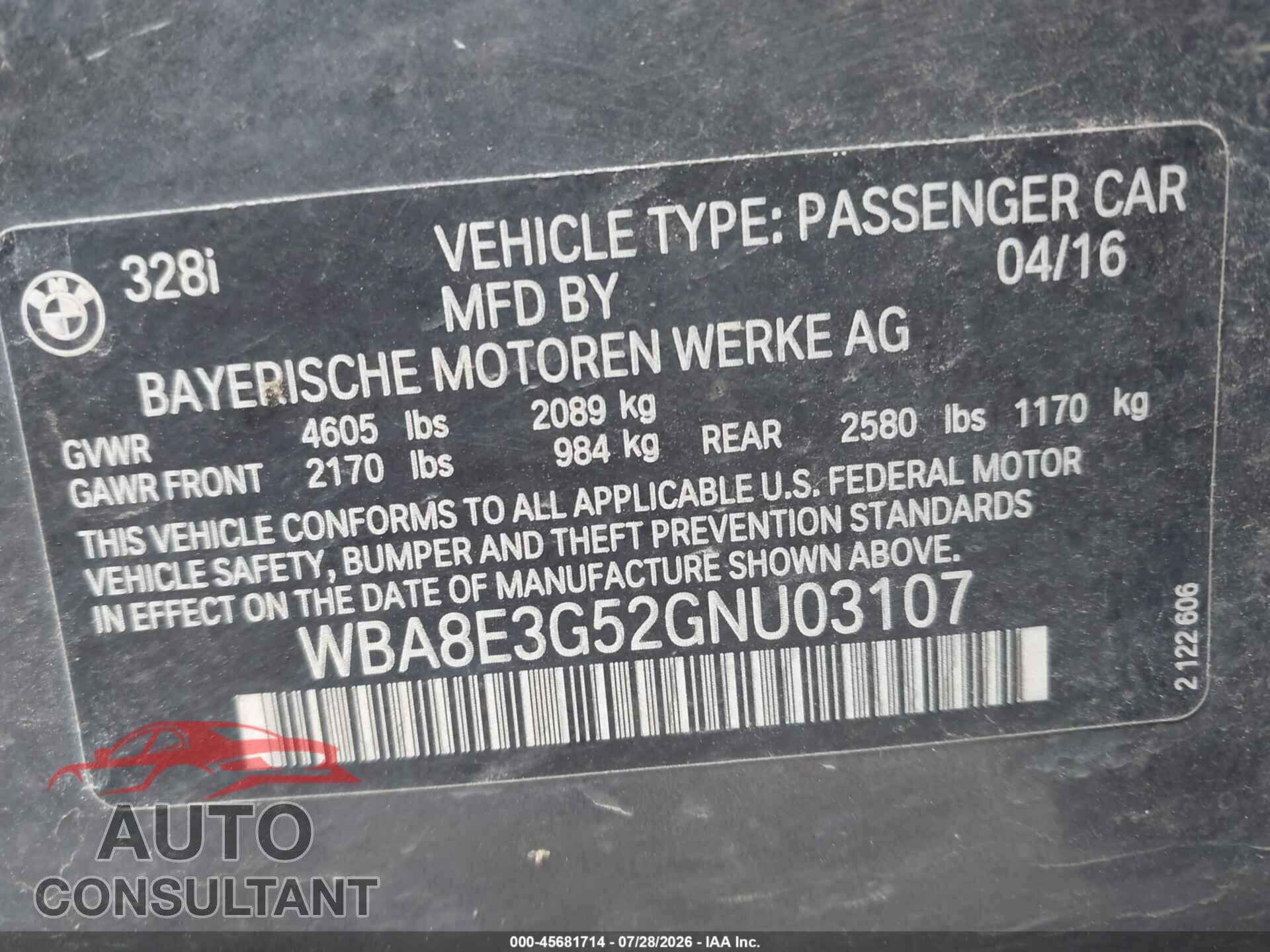 BMW 328I 2016 - WBA8E3G52GNU03107
