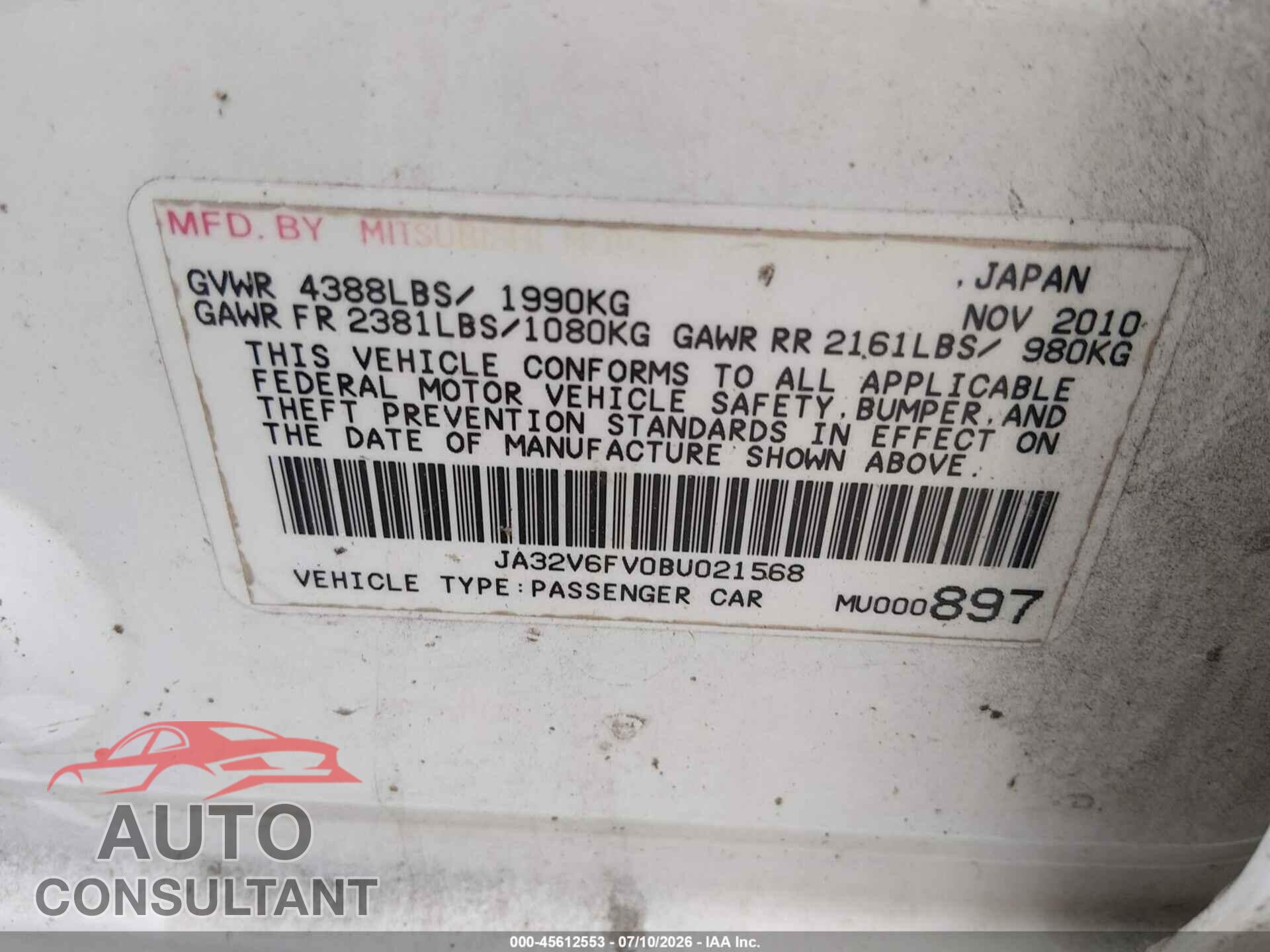 MITSUBISHI LANCER 2011 - JA32V6FV0BU021568