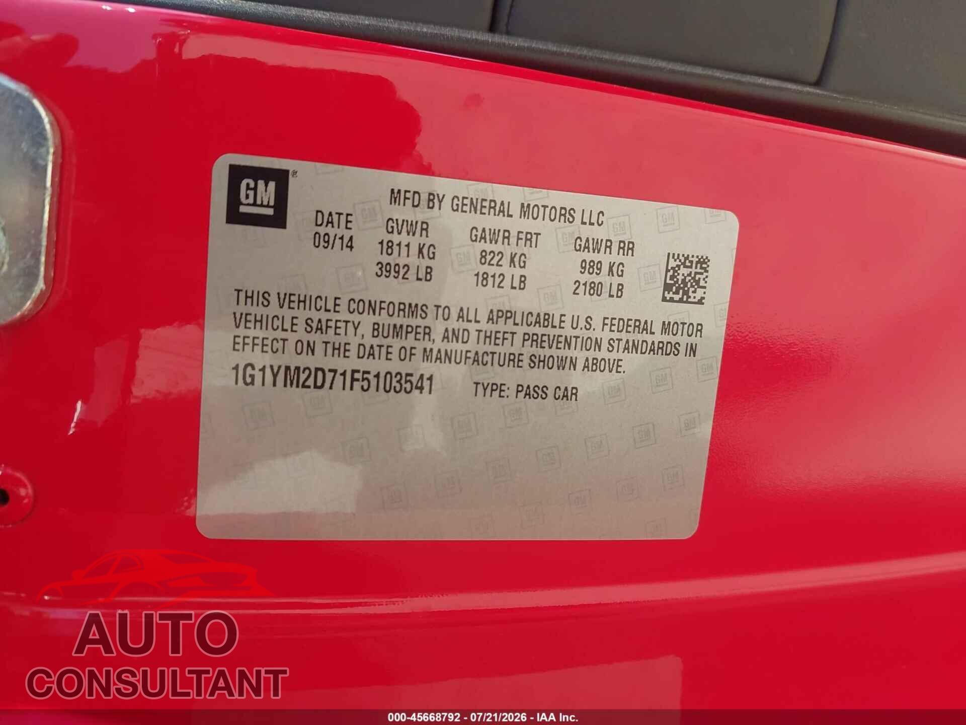 CHEVROLET CORVETTE 2015 - 1G1YM2D71F5103541