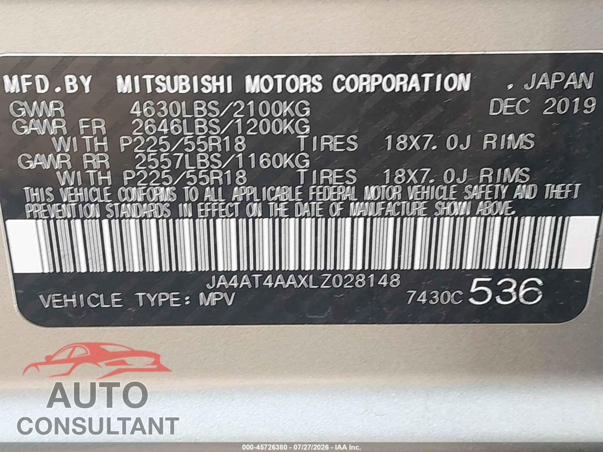 MITSUBISHI ECLIPSE CROSS 2020 - JA4AT4AAXLZ028148