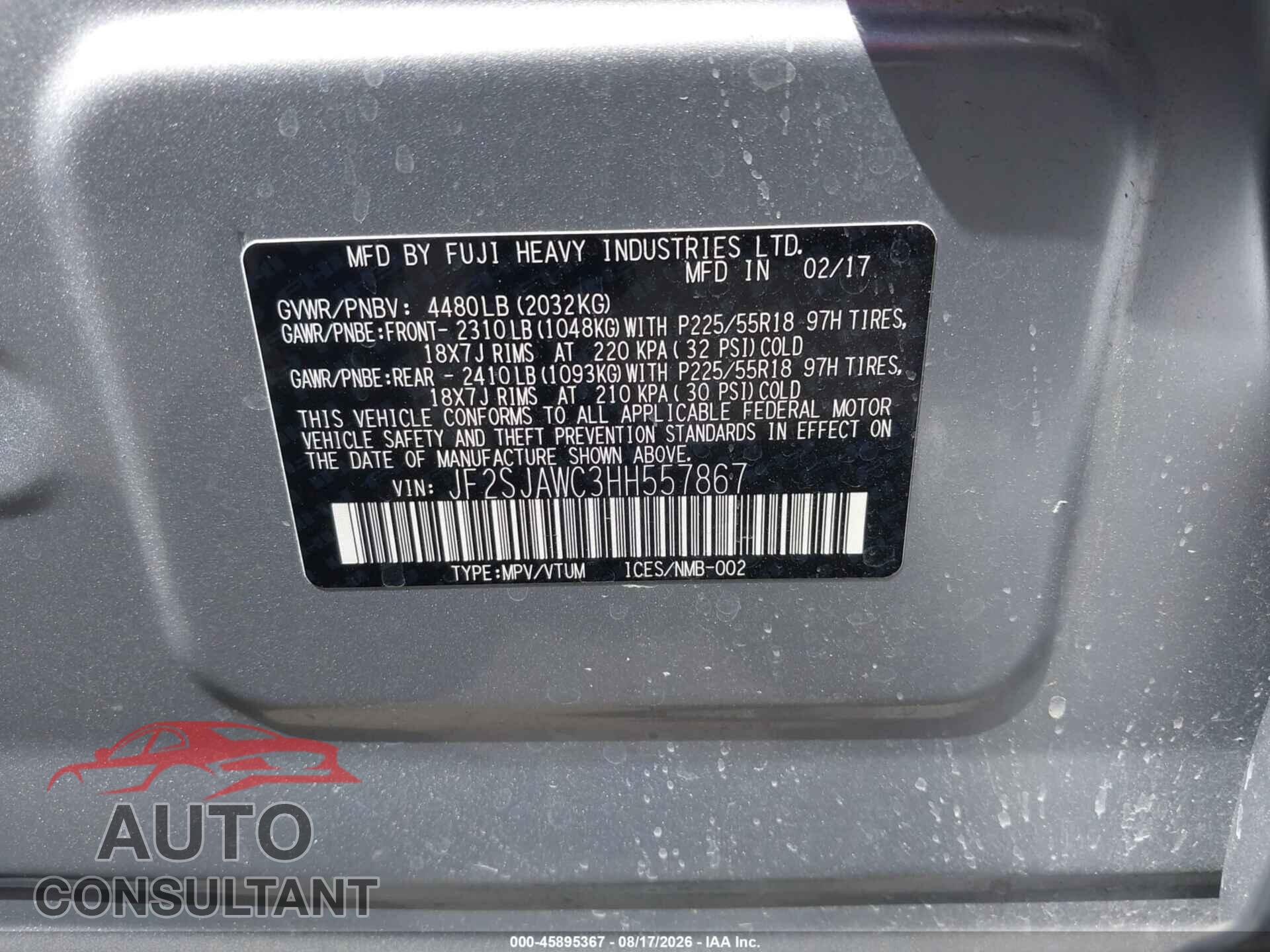 SUBARU FORESTER 2017 - JF2SJAWC3HH557867