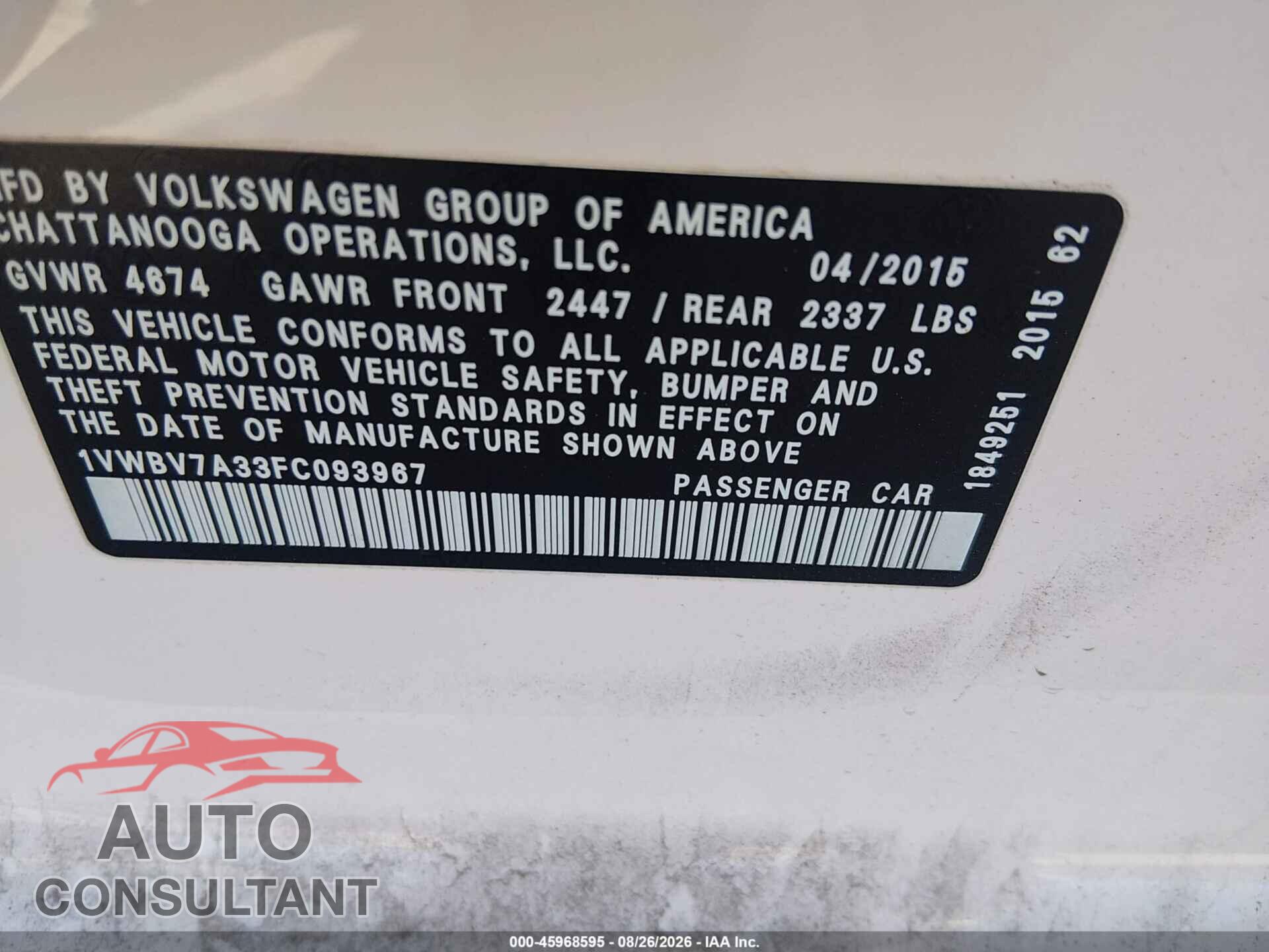 VOLKSWAGEN PASSAT 2015 - 1VWBV7A33FC093967