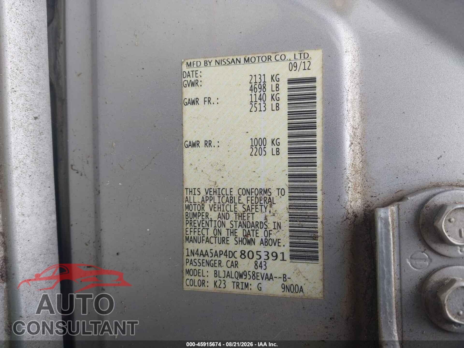 NISSAN MAXIMA 2013 - 1N4AA5AP4DC805391