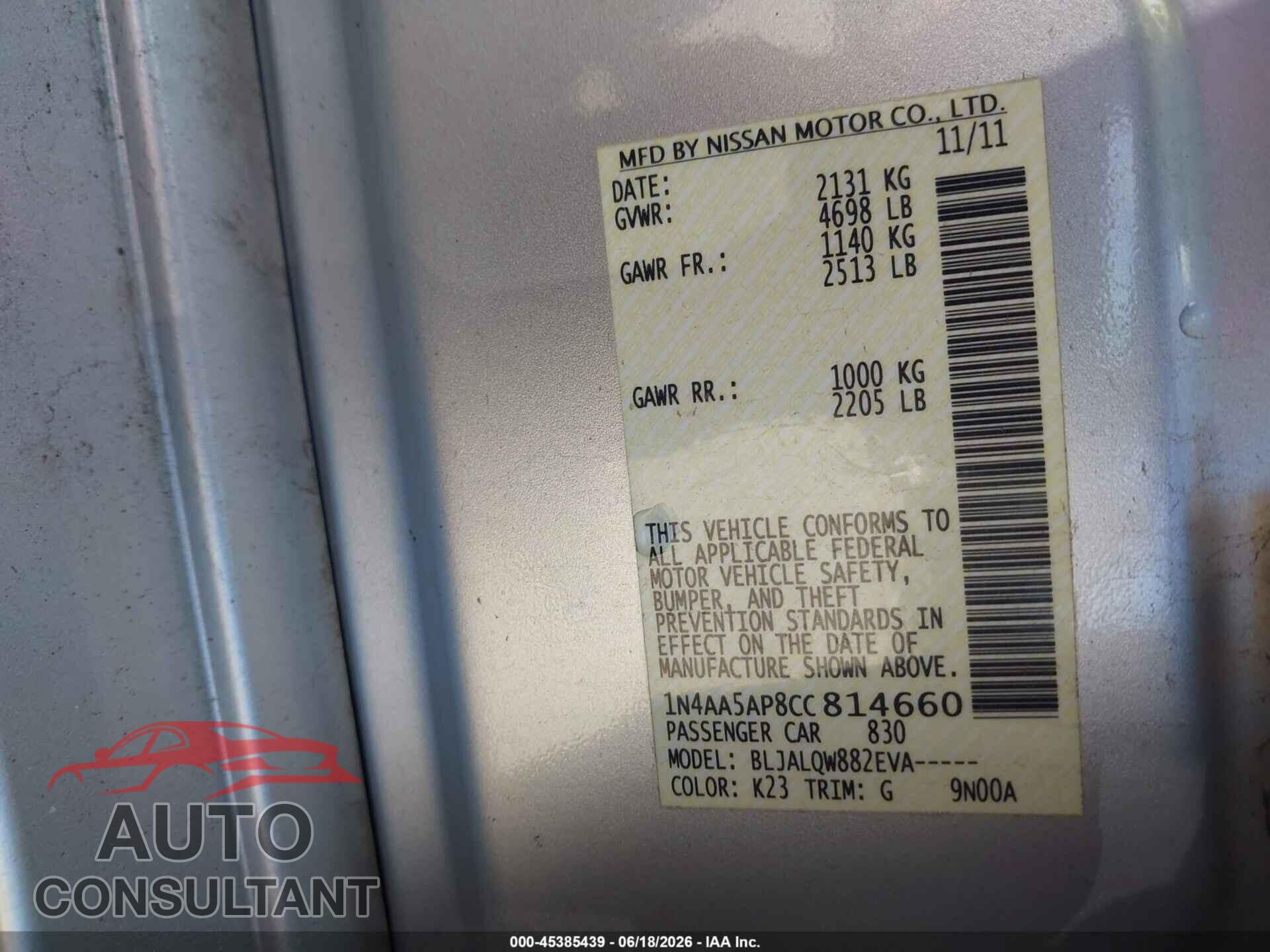 NISSAN MAXIMA 2012 - 1N4AA5AP8CC814660
