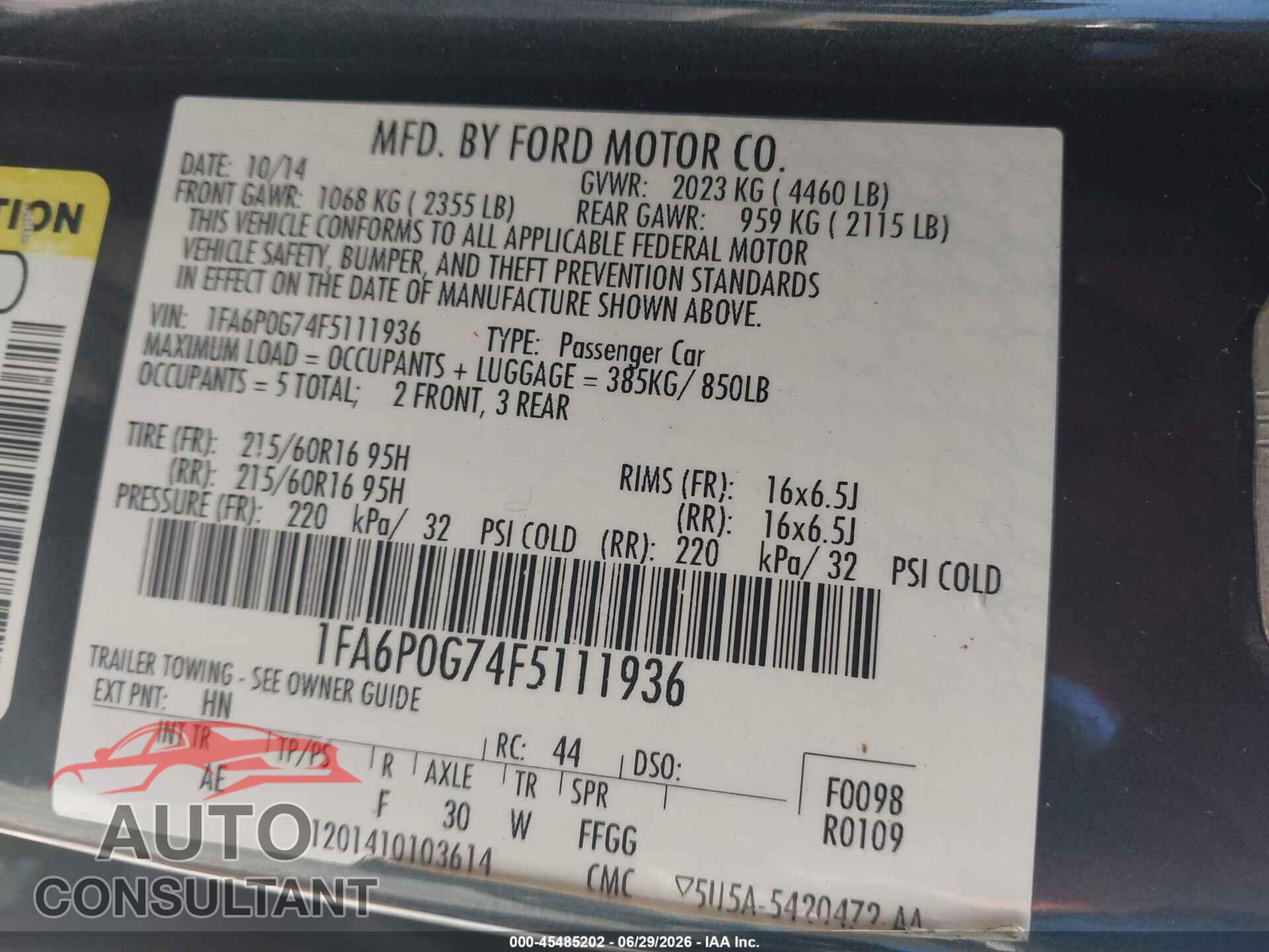 FORD FUSION 2015 - 1FA6P0G74F5111936
