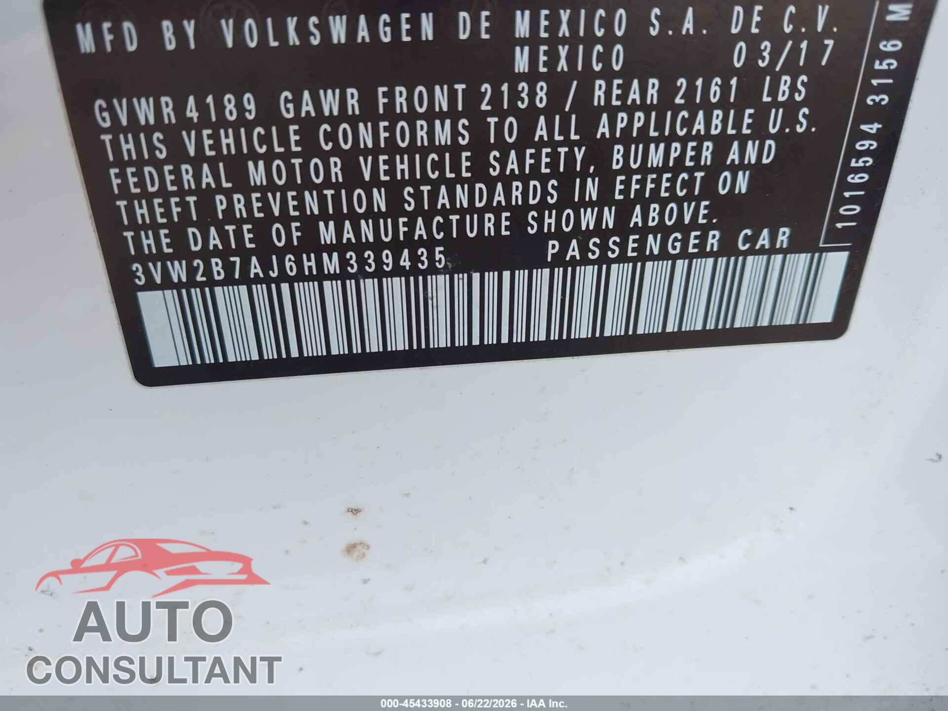 VOLKSWAGEN JETTA 2017 - 3VW2B7AJ6HM339435