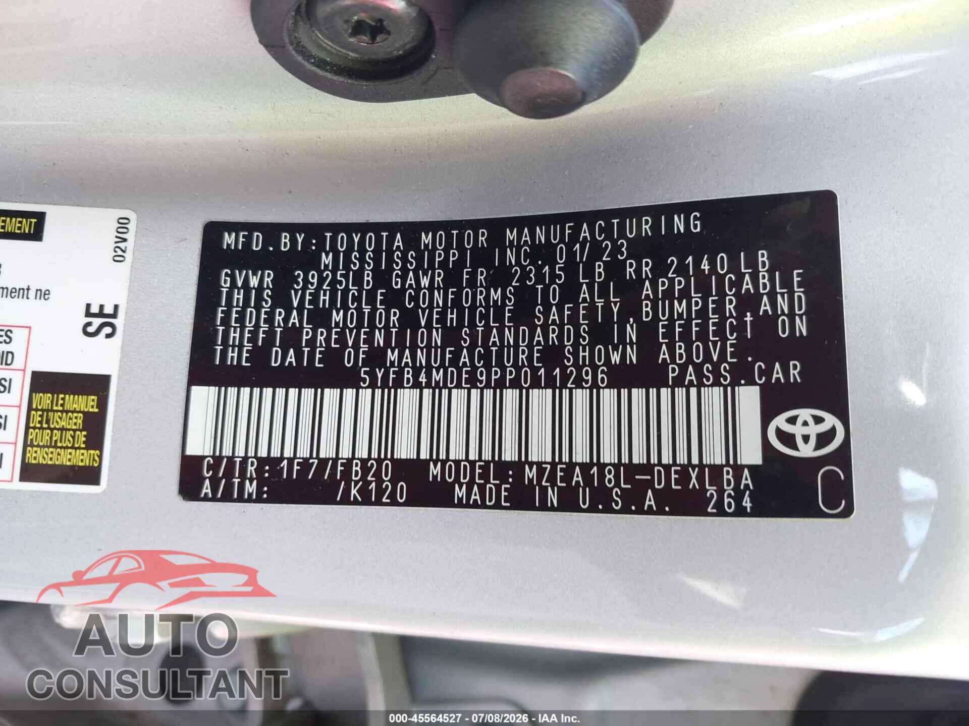 TOYOTA COROLLA 2023 - 5YFB4MDE9PP011296