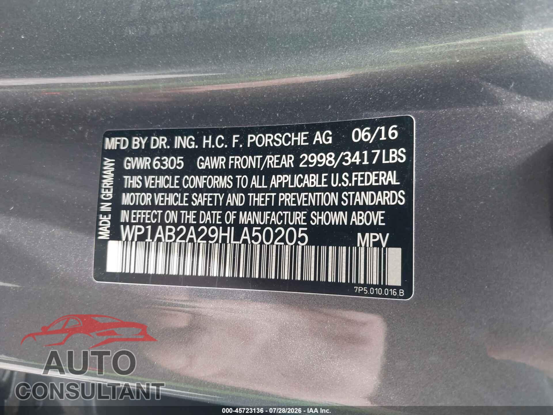 PORSCHE CAYENNE 2017 - WP1AB2A29HLA50205