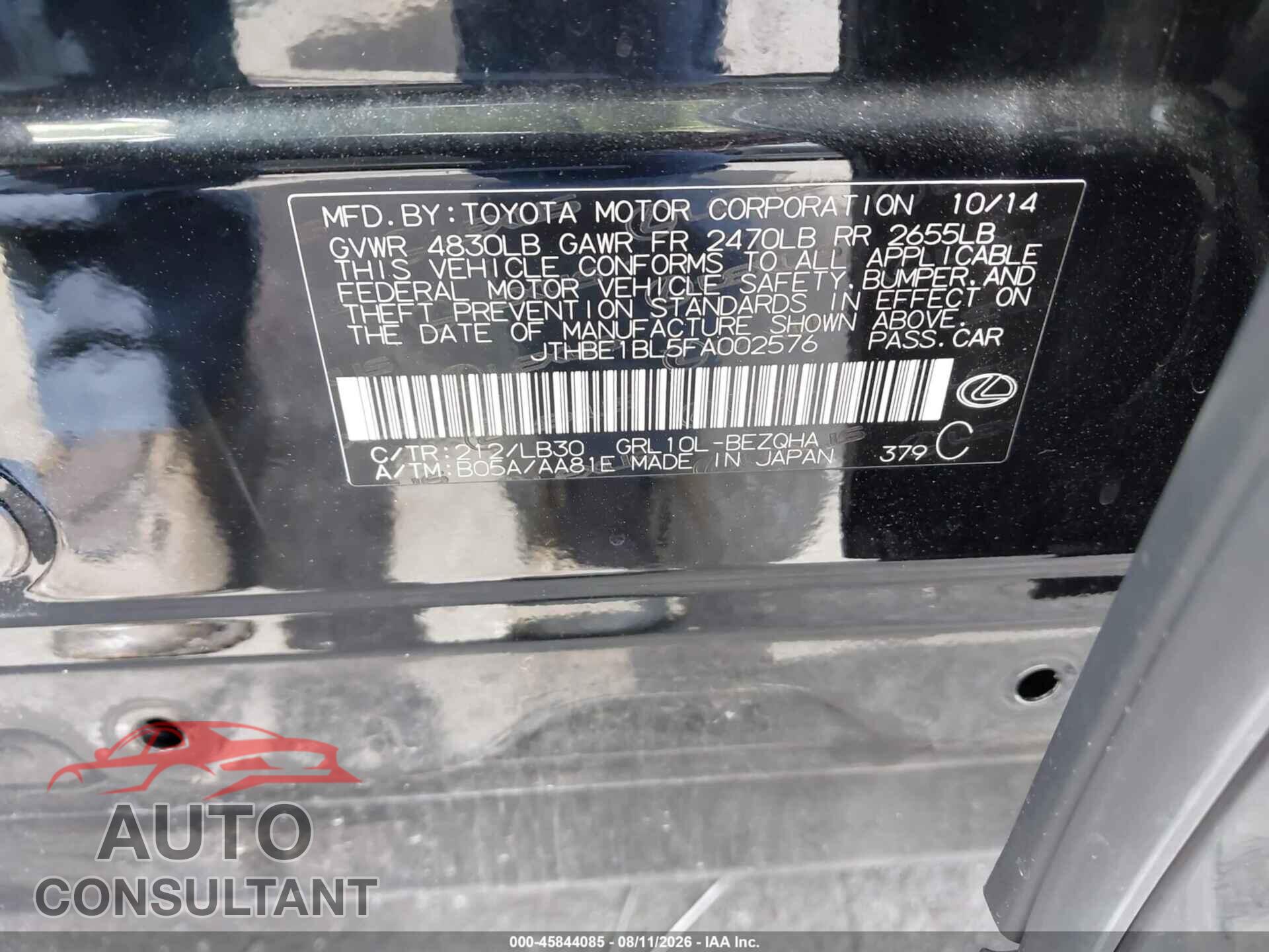 LEXUS GS 350 2015 - JTHBE1BL5FA002576