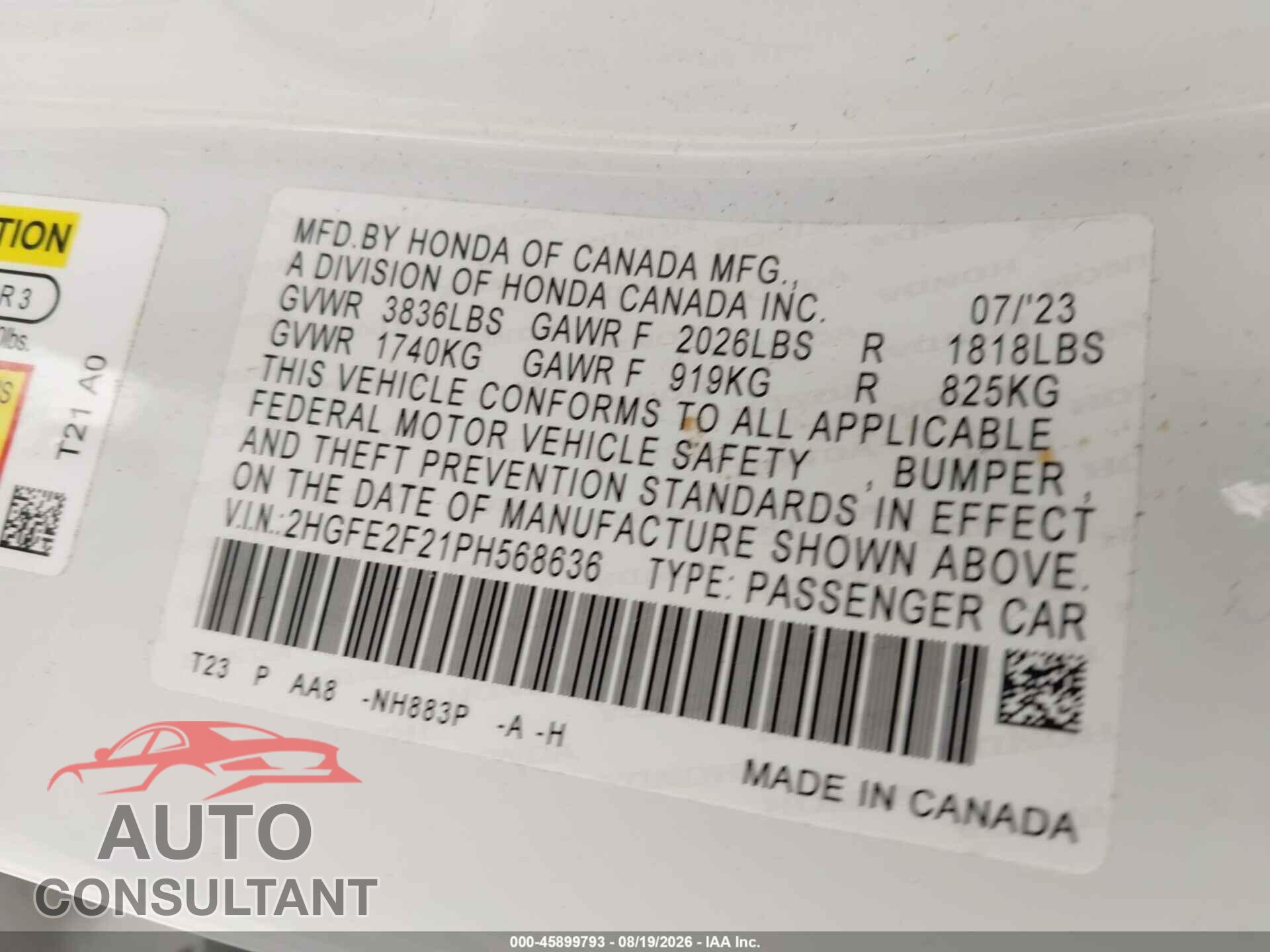 HONDA CIVIC 2023 - 2HGFE2F21PH568636
