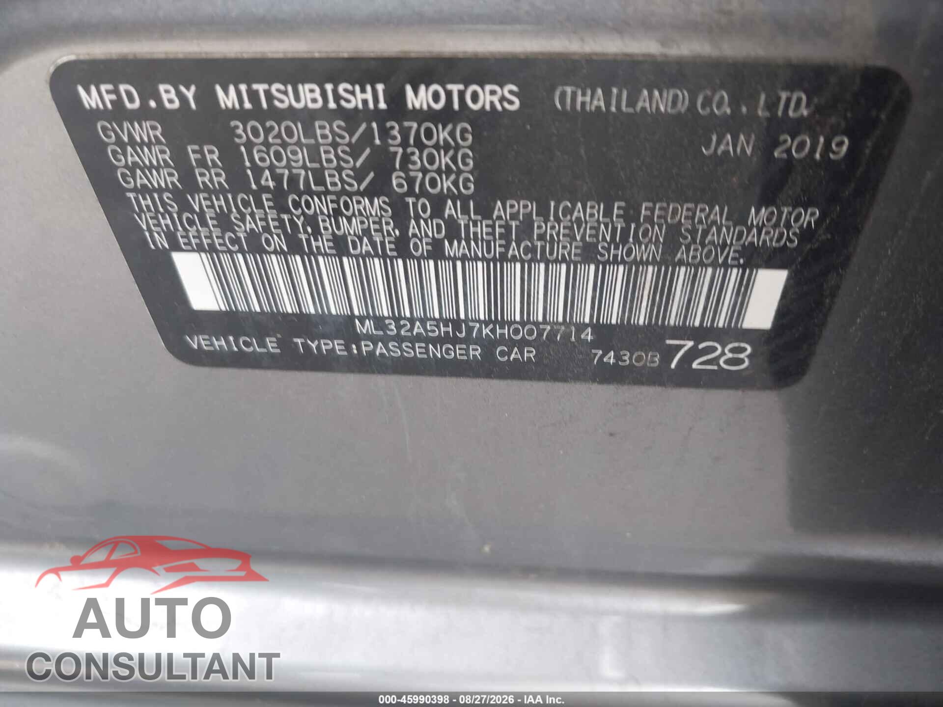 MITSUBISHI MIRAGE 2019 - ML32A5HJ7KH007714