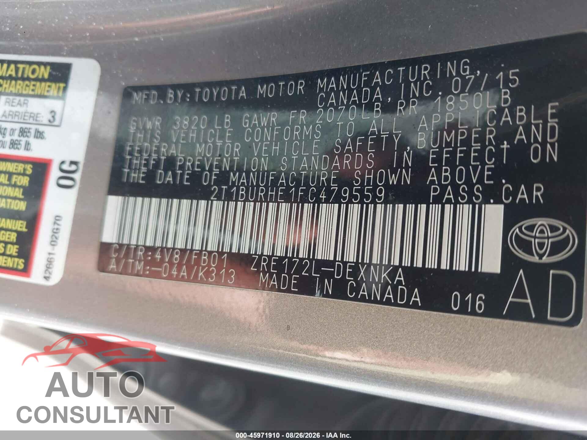 TOYOTA COROLLA 2015 - 2T1BURHE1FC479559