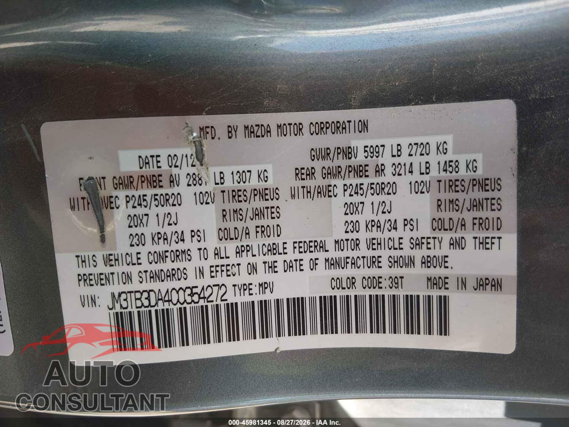 MAZDA CX-9 2012 - JM3TB3DA4C0354272