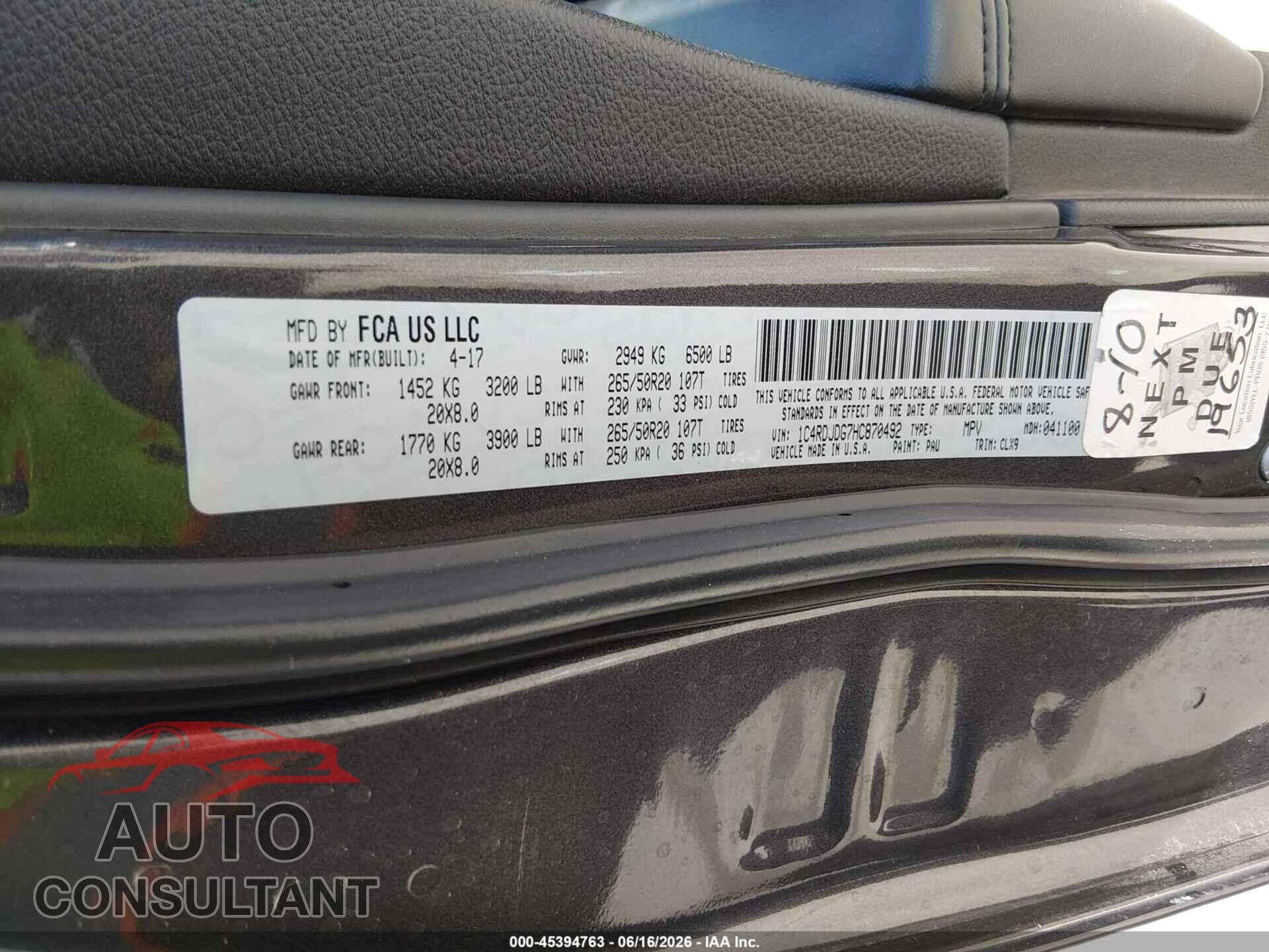 DODGE DURANGO 2017 - 1C4RDJDG7HC870492