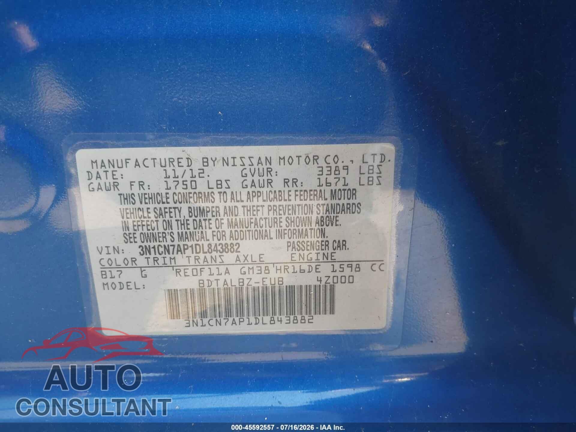 NISSAN VERSA 2013 - 3N1CN7AP1DL843882
