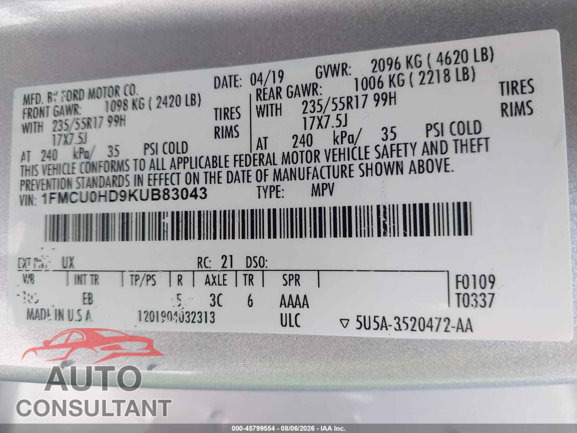 FORD ESCAPE 2019 - 1FMCU0HD9KUB83043