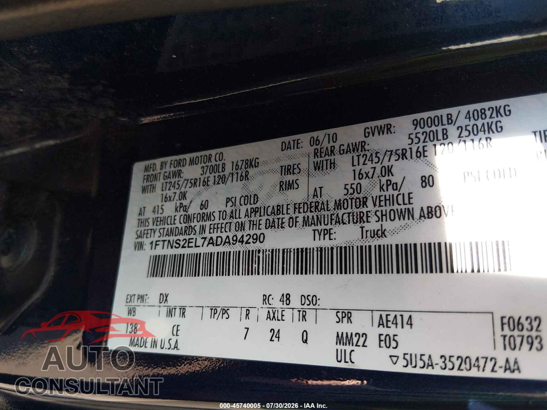 FORD E-250 2010 - 1FTNS2EL7ADA94290