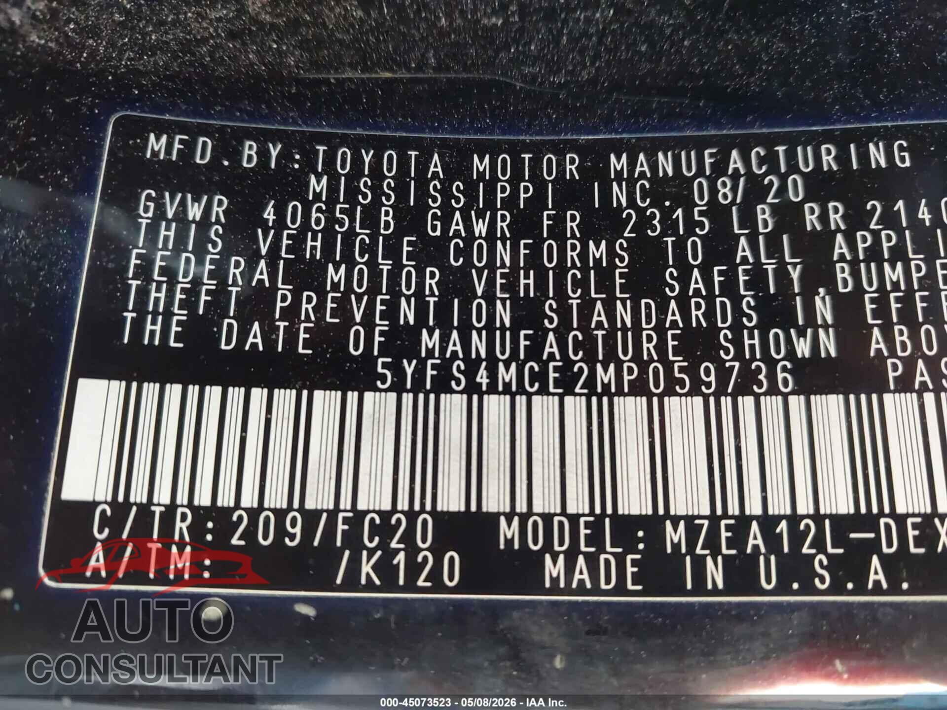 TOYOTA COROLLA 2021 - 5YFS4MCE2MP059736