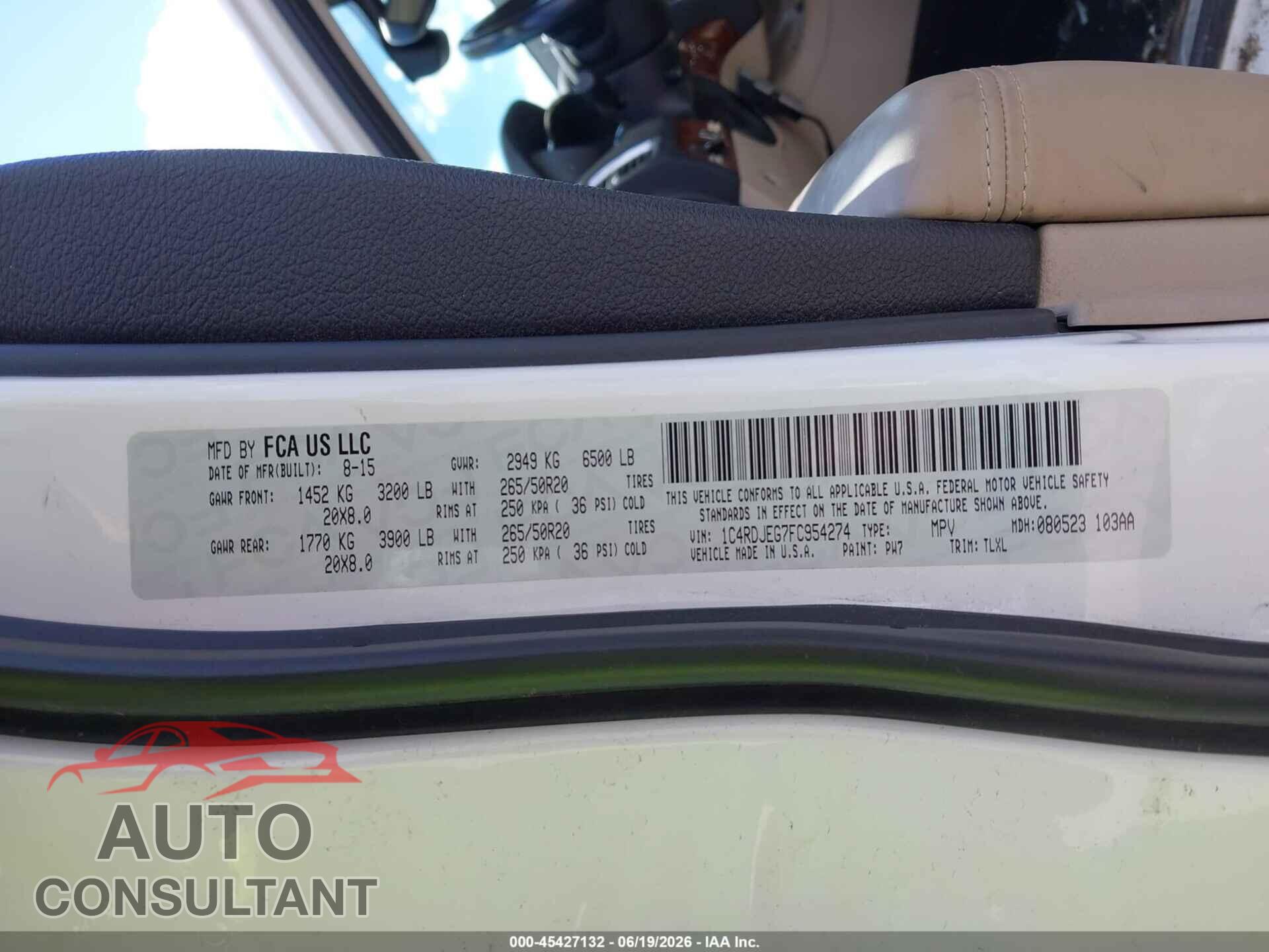 DODGE DURANGO 2015 - 1C4RDJEG7FC954274