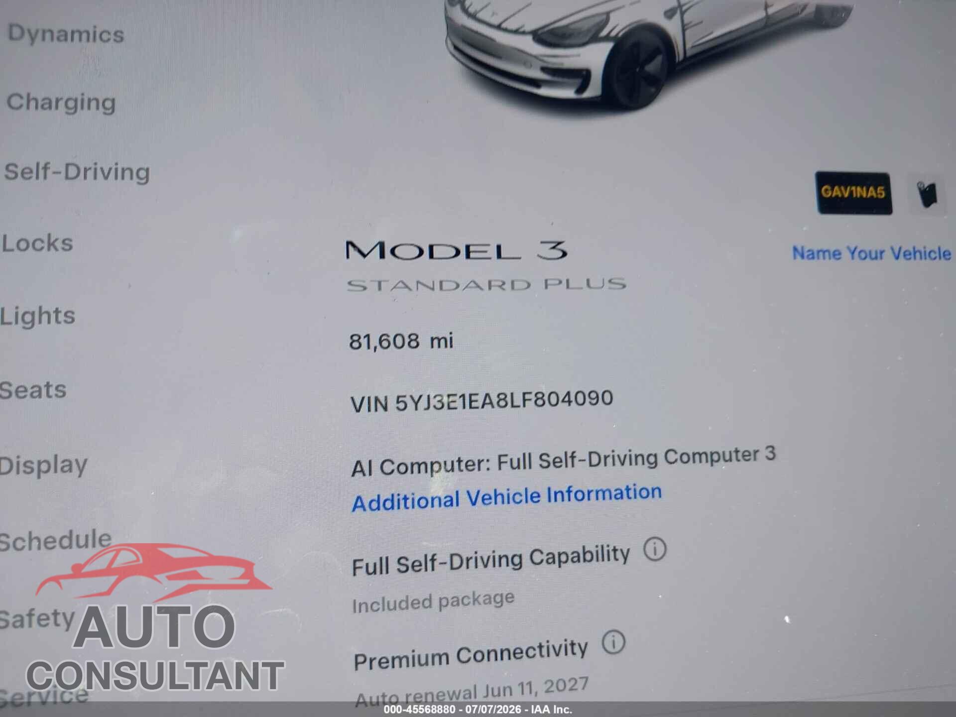 TESLA MODEL 3 2020 - 5YJ3E1EA8LF804090