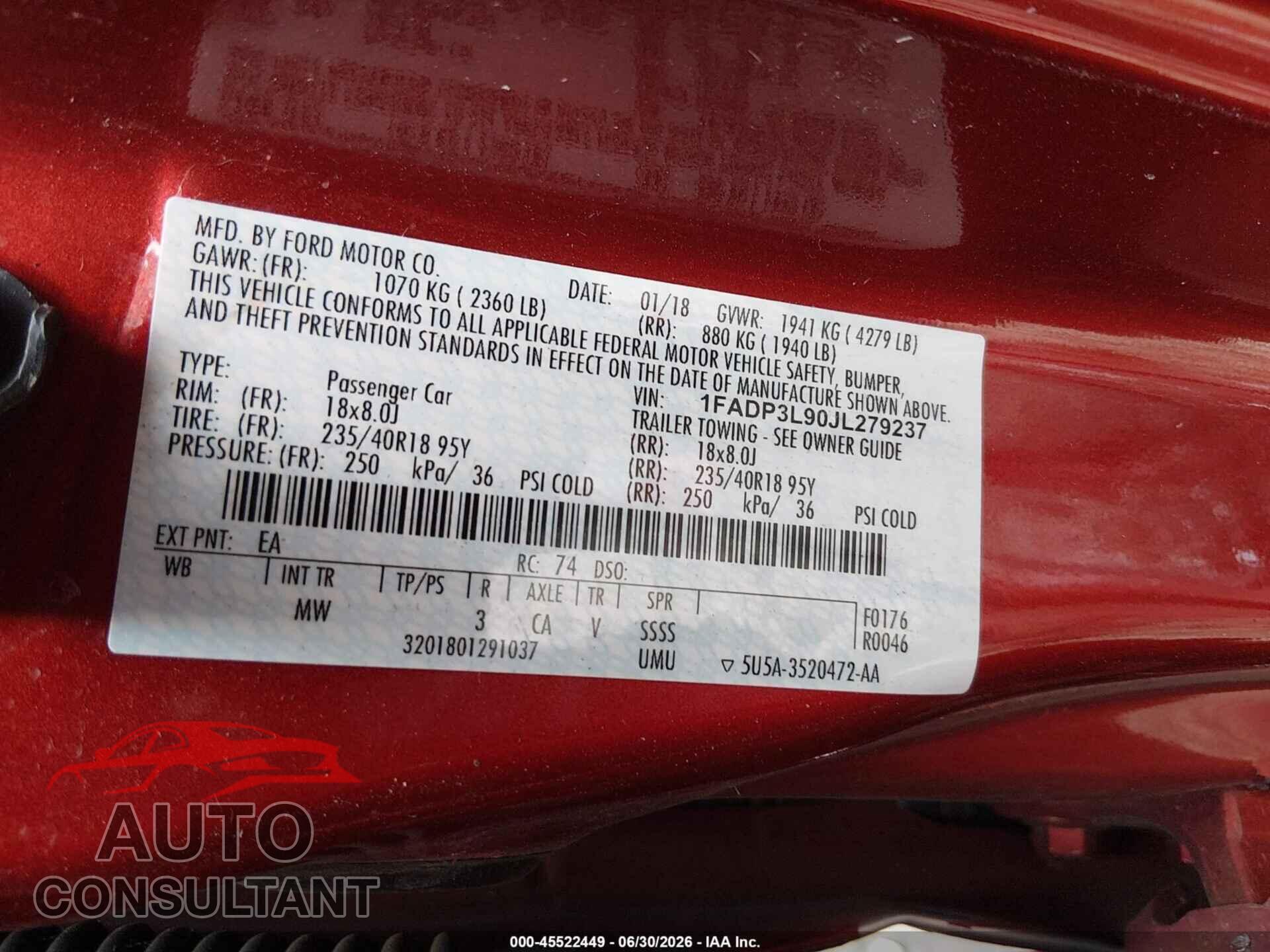 FORD FOCUS ST 2018 - 1FADP3L90JL279237