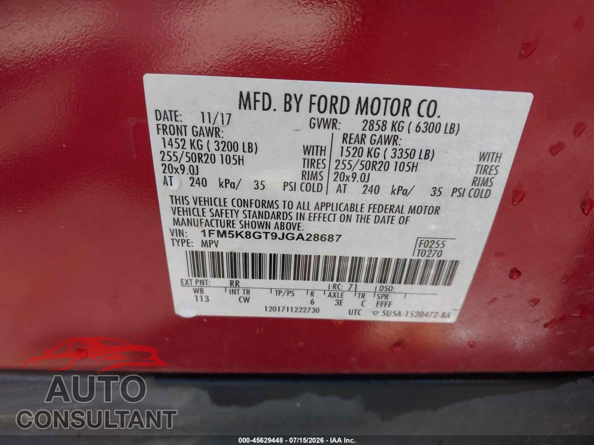 FORD EXPLORER 2018 - 1FM5K8GT9JGA28687