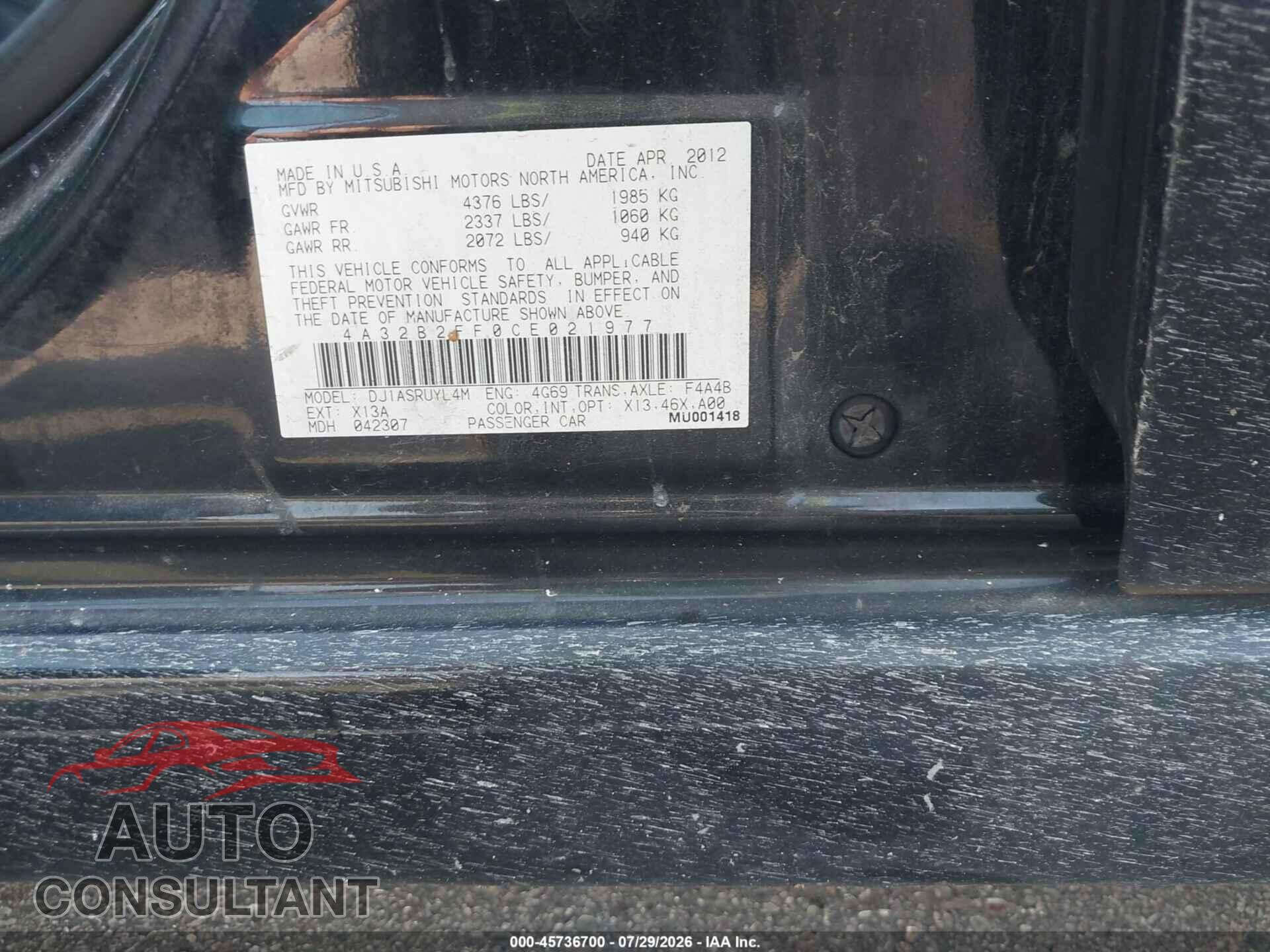MITSUBISHI GALANT 2012 - 4A32B2FF0CE021977