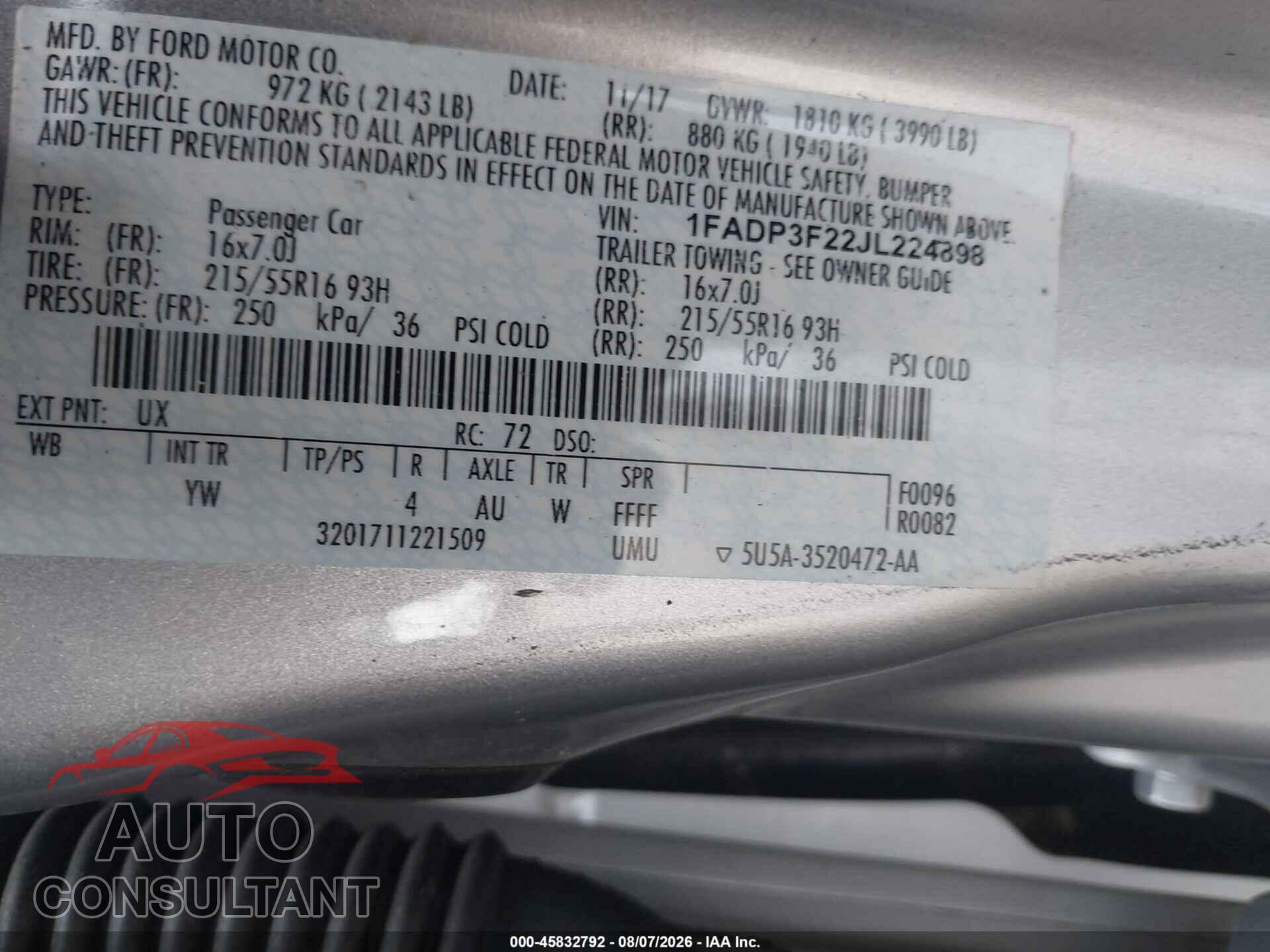 FORD FOCUS 2018 - 1FADP3F22JL224898