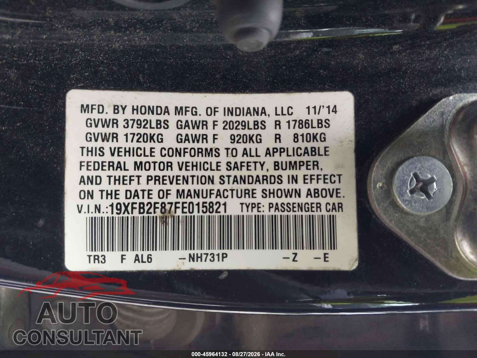 HONDA CIVIC 2015 - 19XFB2F87FE015821