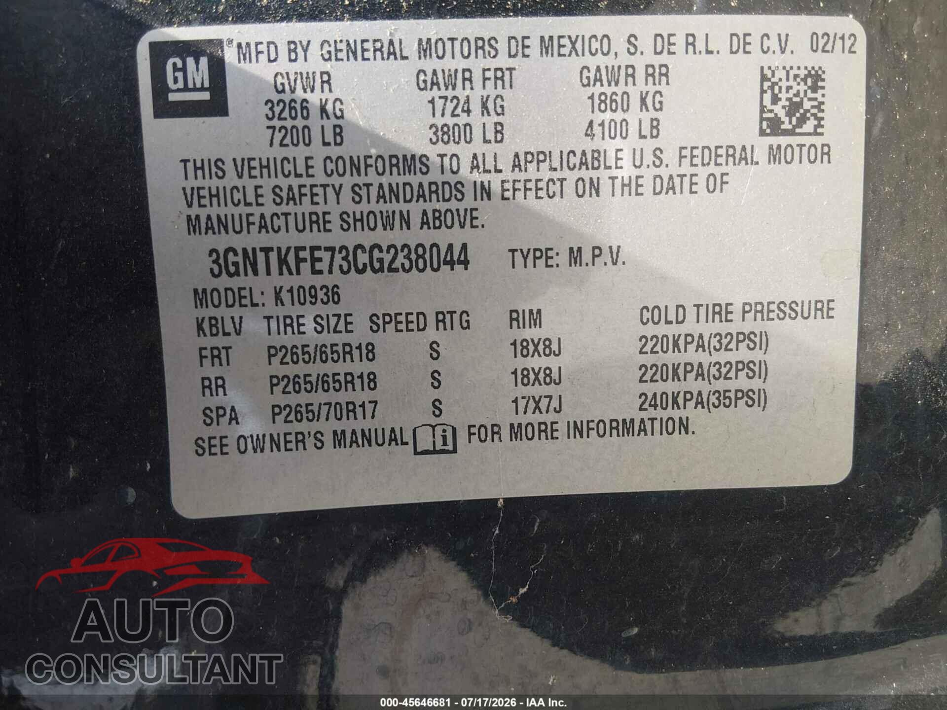 CHEVROLET AVALANCHE 2012 - 3GNTKFE73CG238044
