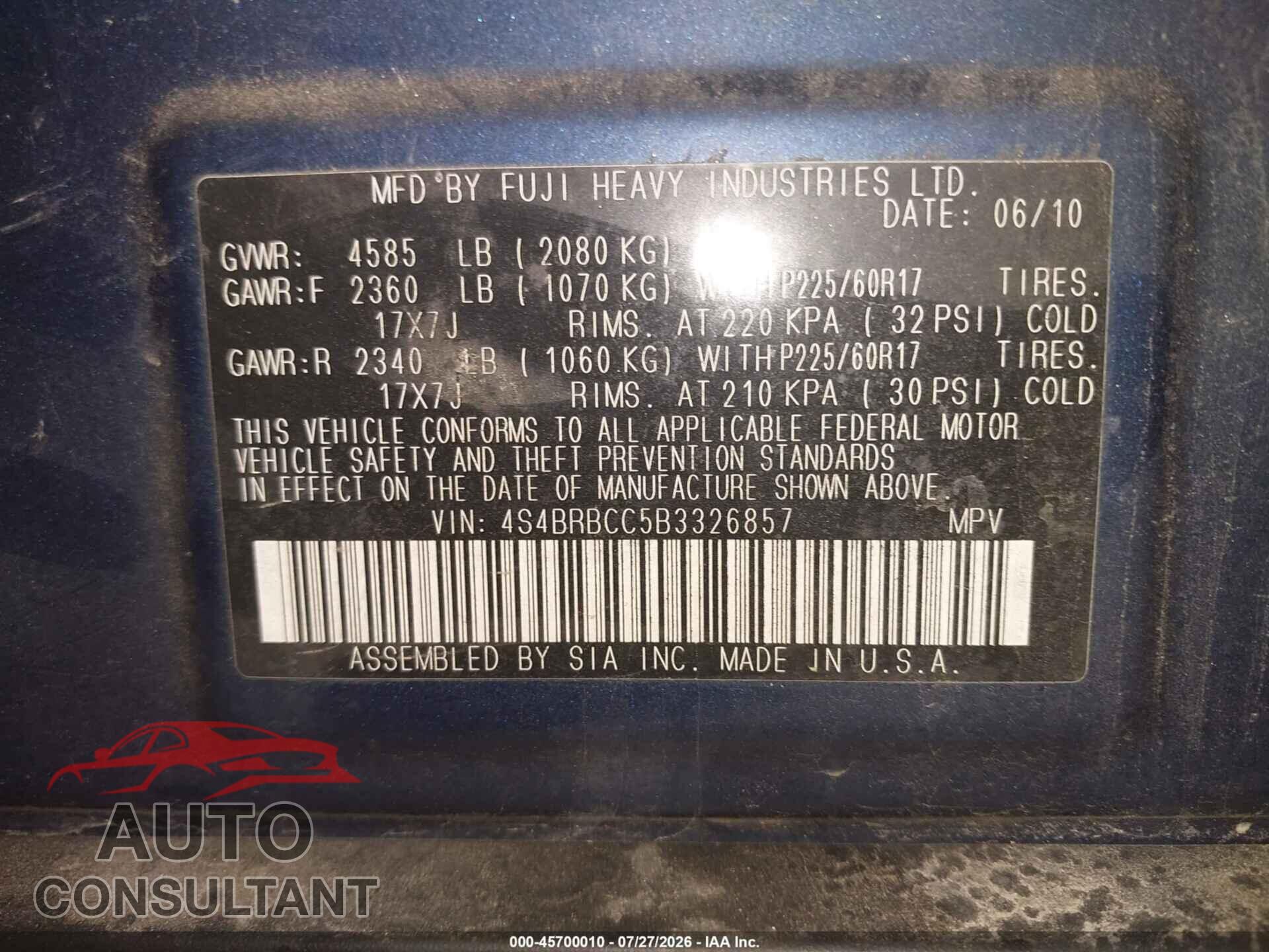 SUBARU OUTBACK 2011 - 4S4BRBCC5B3326857