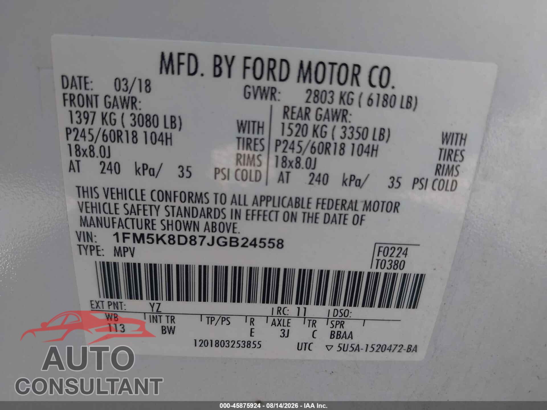 FORD EXPLORER 2018 - 1FM5K8D87JGB24558
