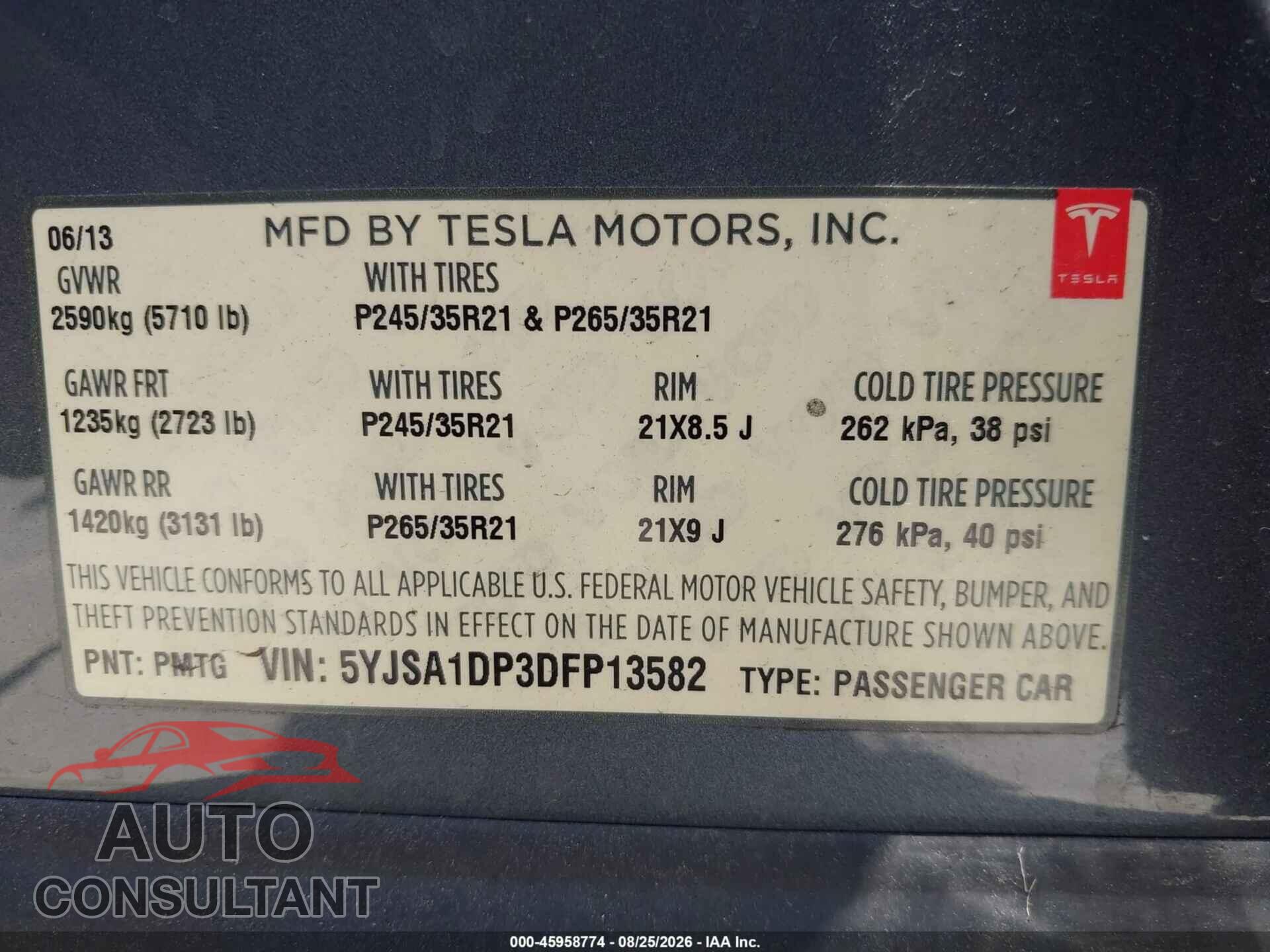 TESLA MODEL S 2013 - 5YJSA1DP3DFP13582