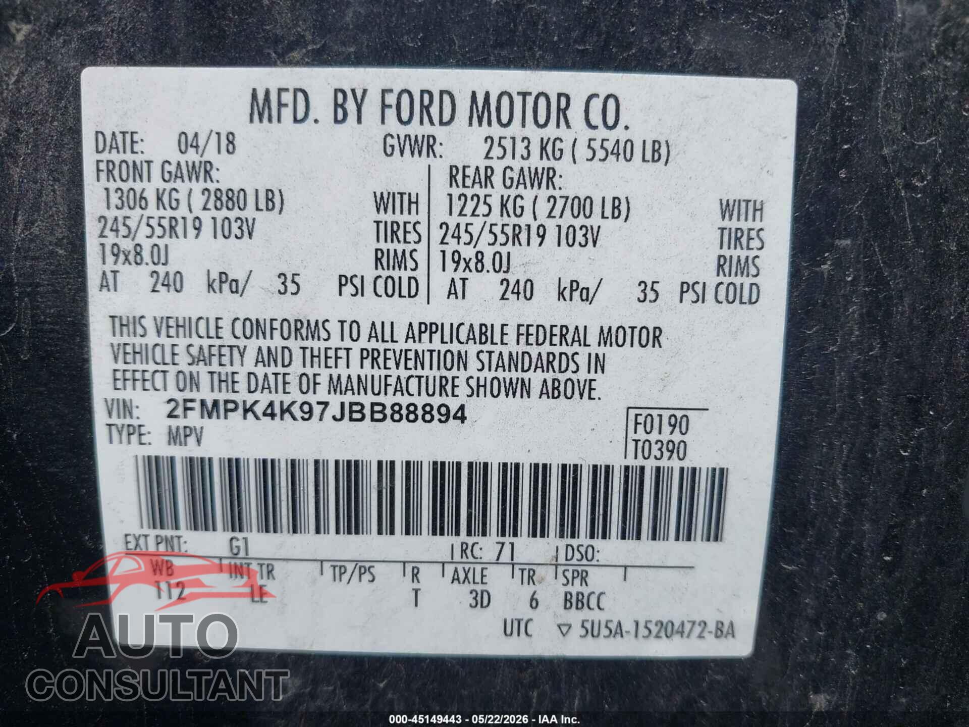 FORD EDGE 2018 - 2FMPK4K97JBB88894