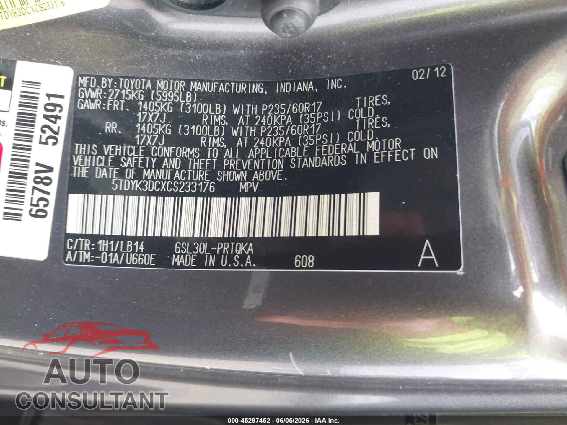 TOYOTA SIENNA 2012 - 5TDYK3DCXCS233176