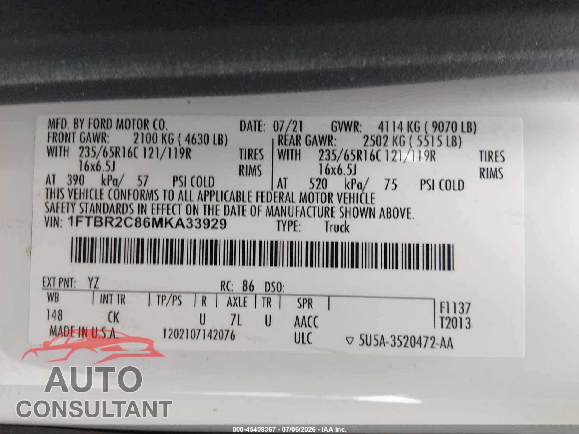 FORD TRANSIT-250 2021 - 1FTBR2C86MKA33929