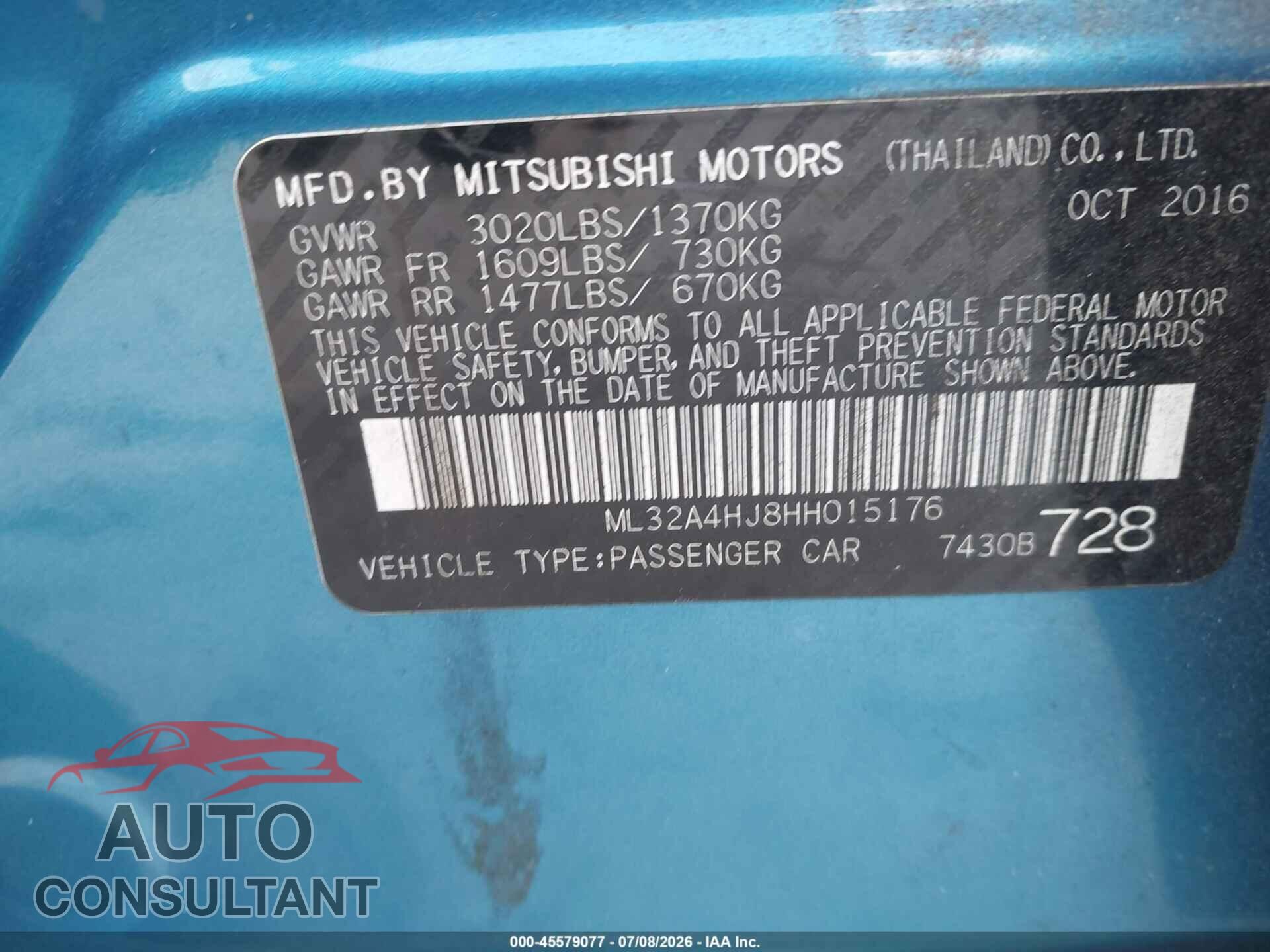 MITSUBISHI MIRAGE 2017 - ML32A4HJ8HH015176