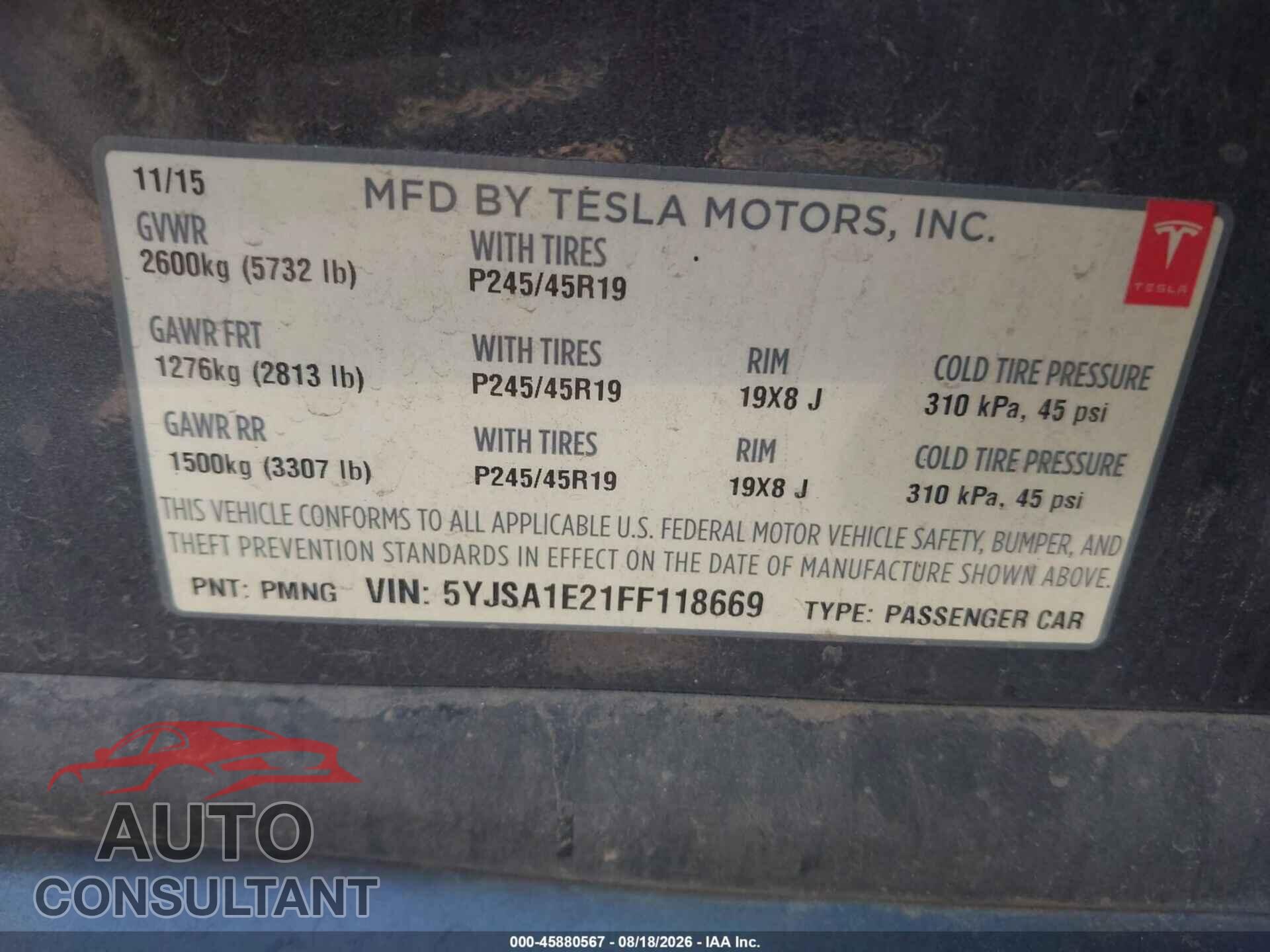 TESLA MODEL S 2015 - 5YJSA1E21FF118669