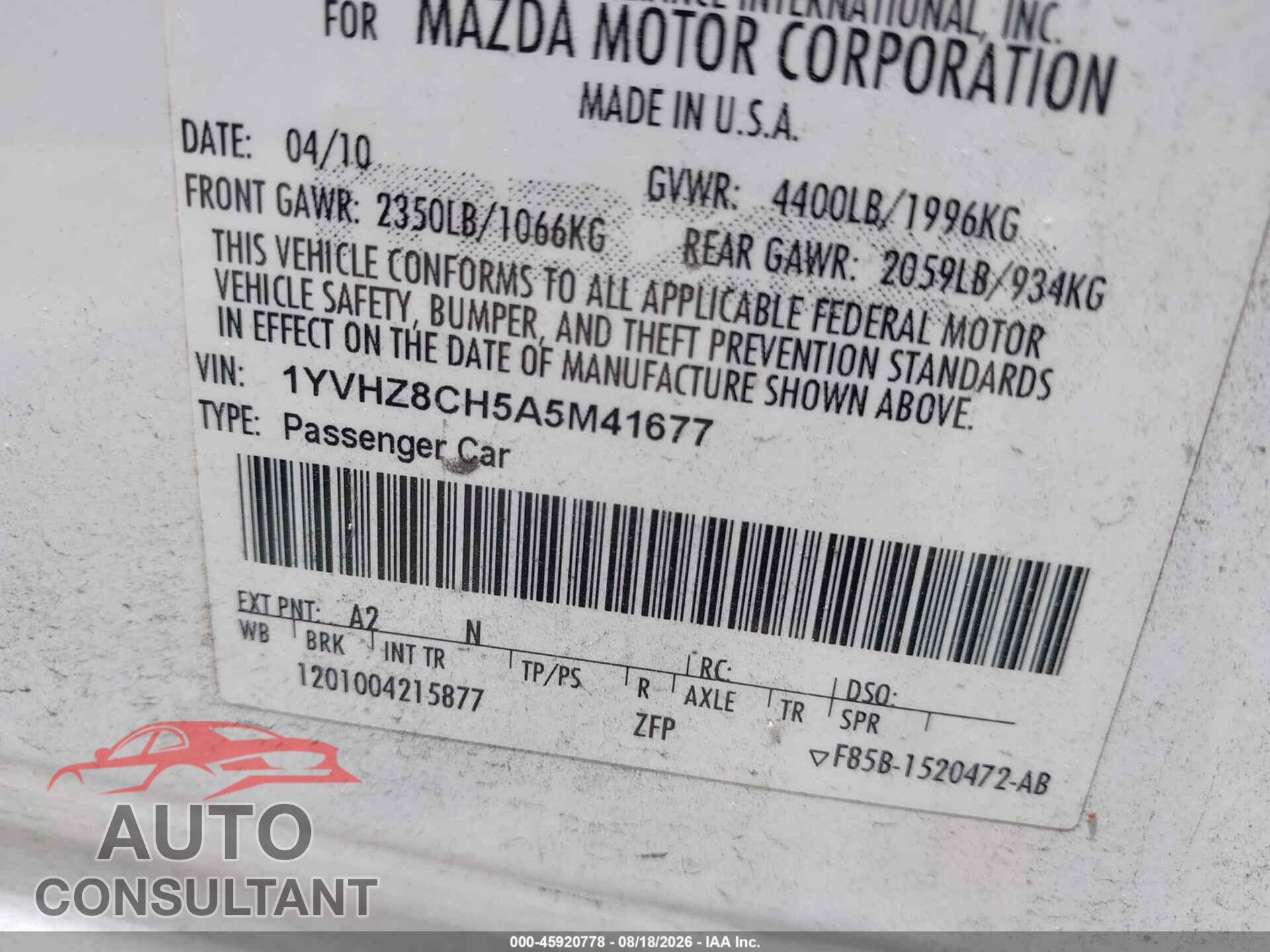 MAZDA MAZDA6 2010 - 1YVHZ8CH5A5M41677